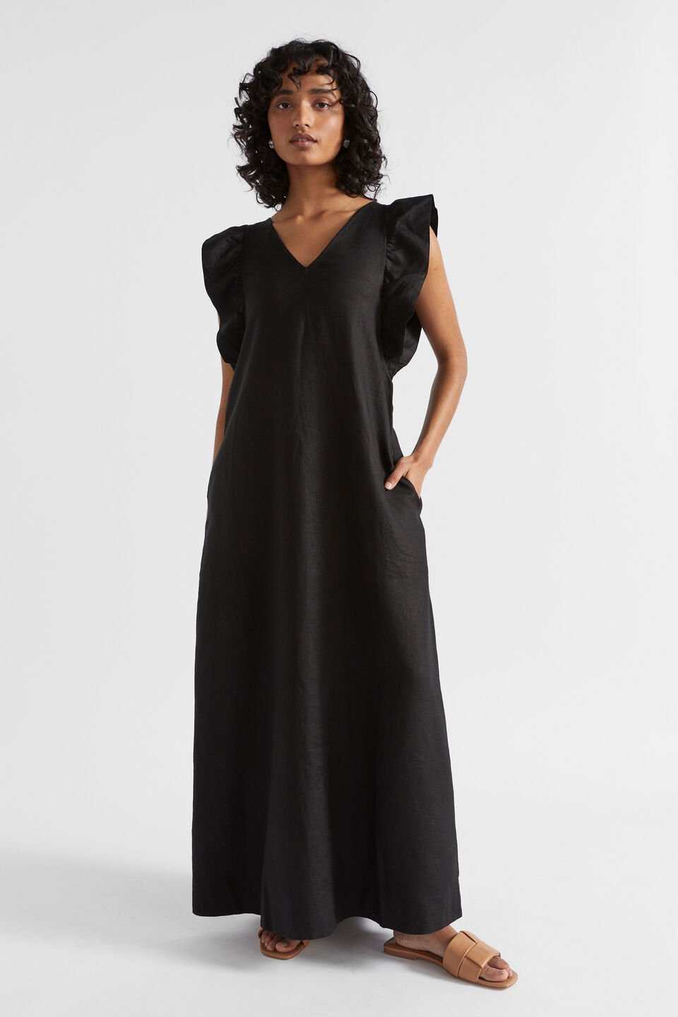 Linen Frill Sleeve Column Dress  Black