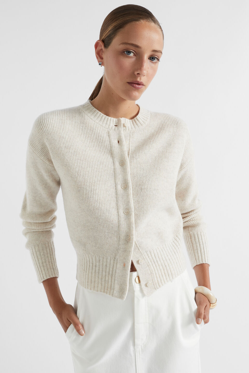 Merino Button Up Knit Cardigan  Oat Marle