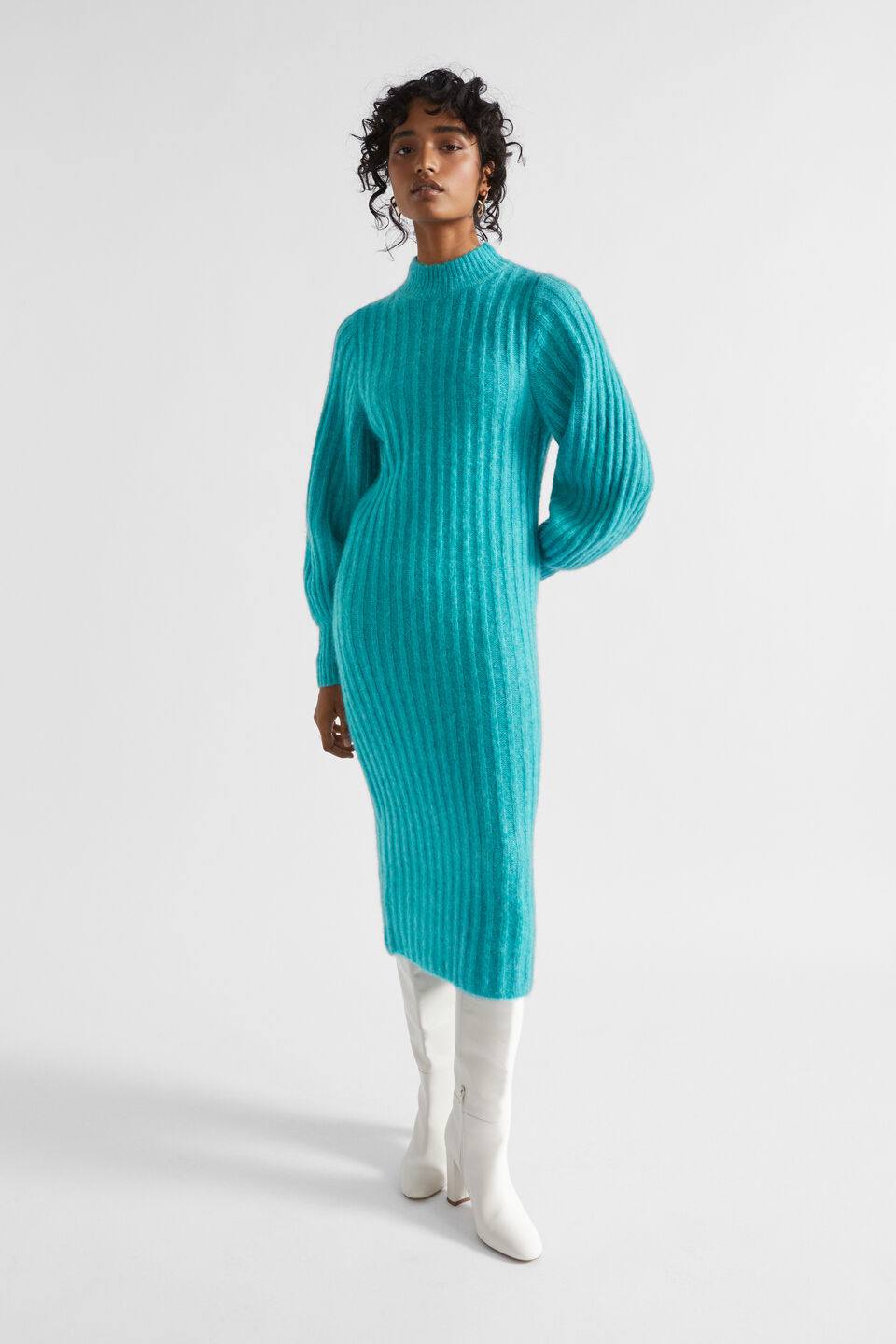 Wool Blend Beaded Neck Women Midi Dress