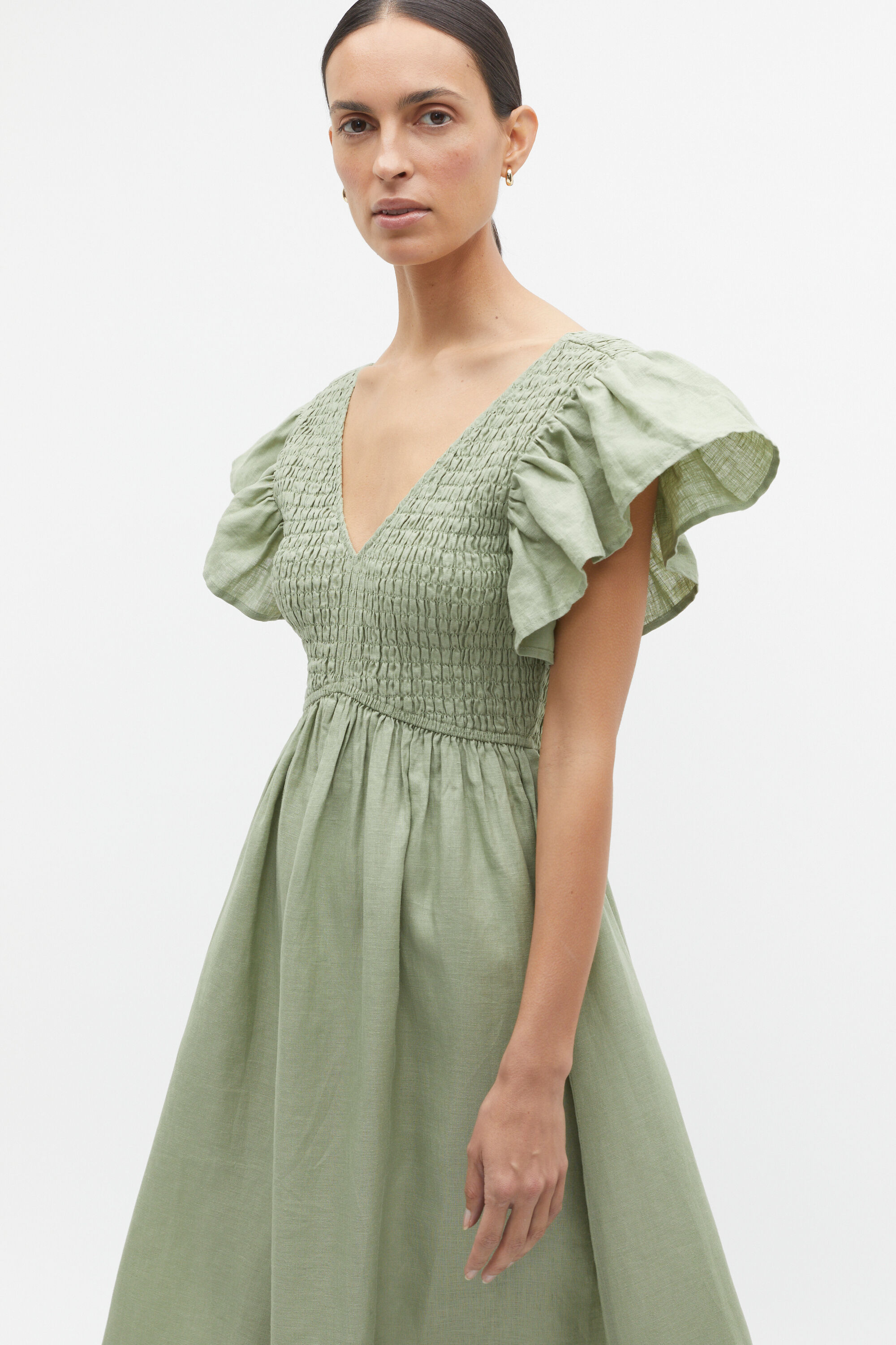 Linen Shirred Flutter Sleeve Midi Dress Seed Heritage