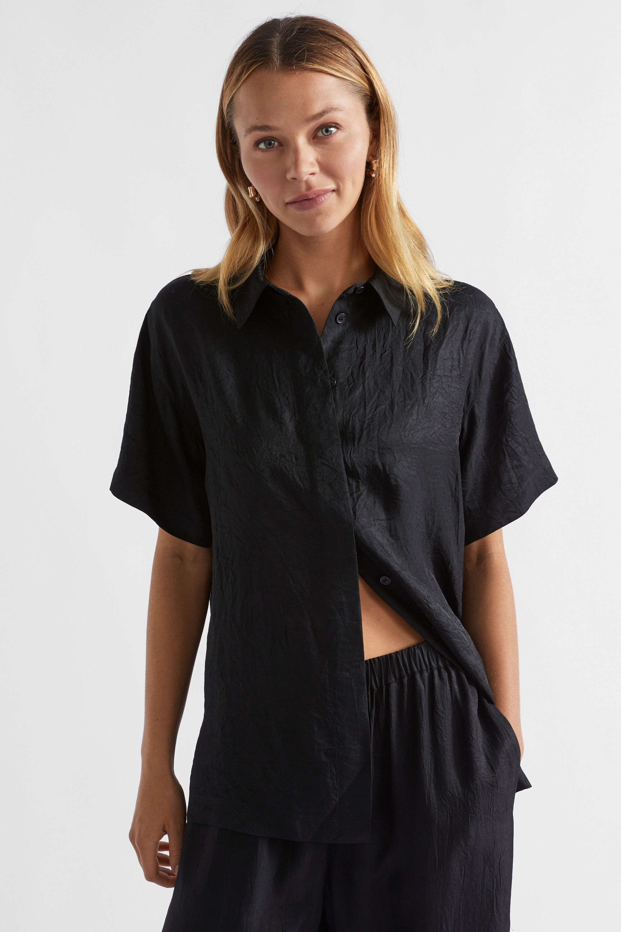 Black satin short sleeve top sales