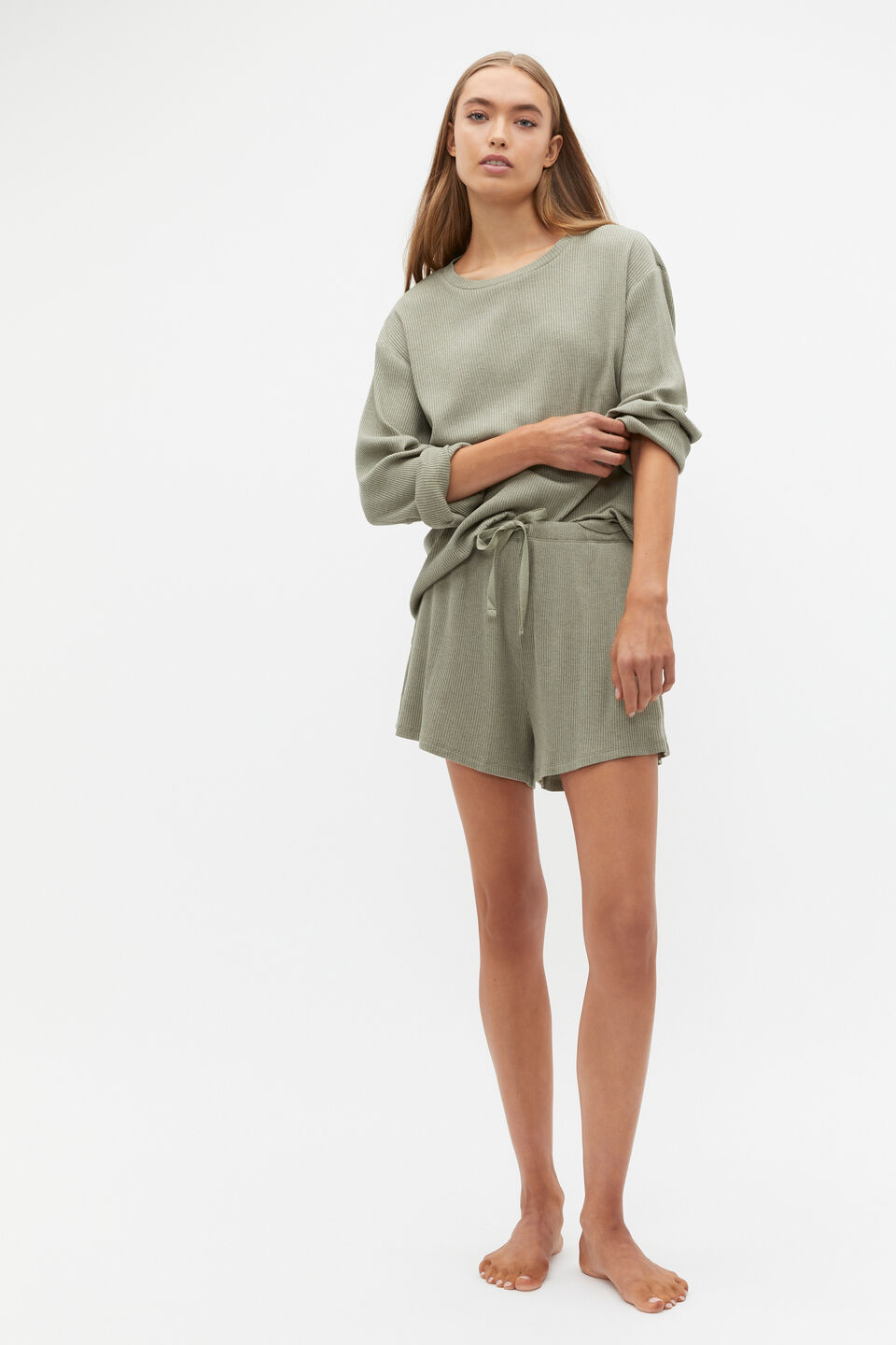 Ribbed Long Sleeve Top And Short PJ Set  Rainforest Marle