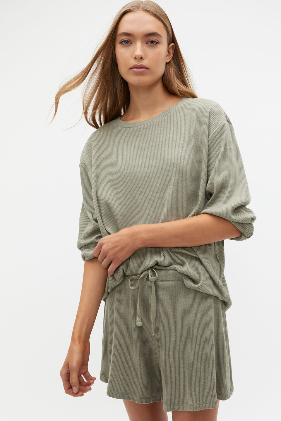 Ribbed Long Sleeve Top And Short PJ Set  Rainforest Marle
