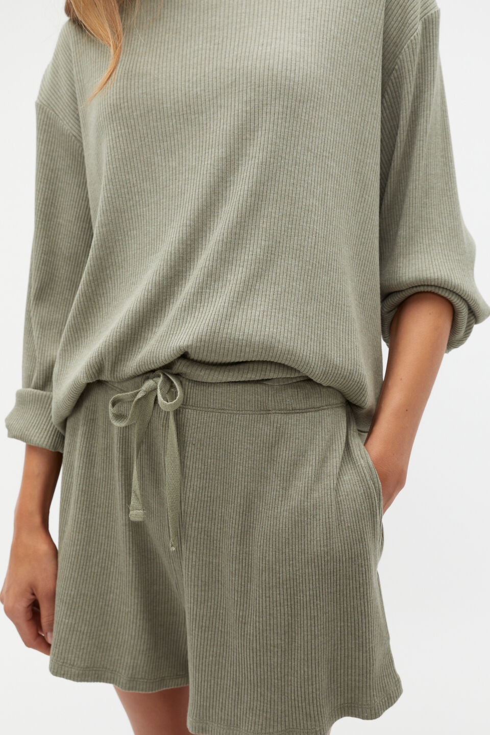 Ribbed Long Sleeve Top And Short PJ Set  Rainforest Marle