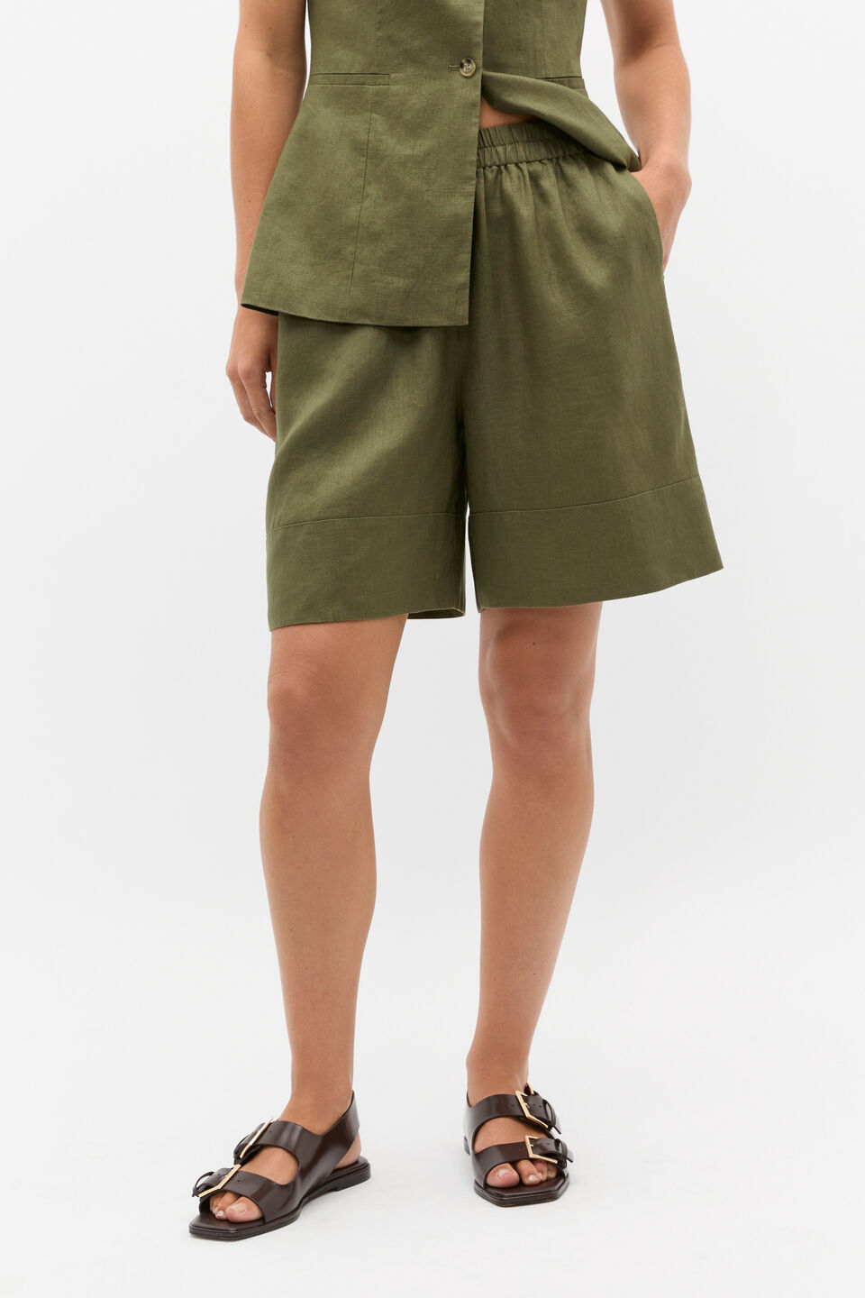 Linen Longline Elasticated Short  Rainforest