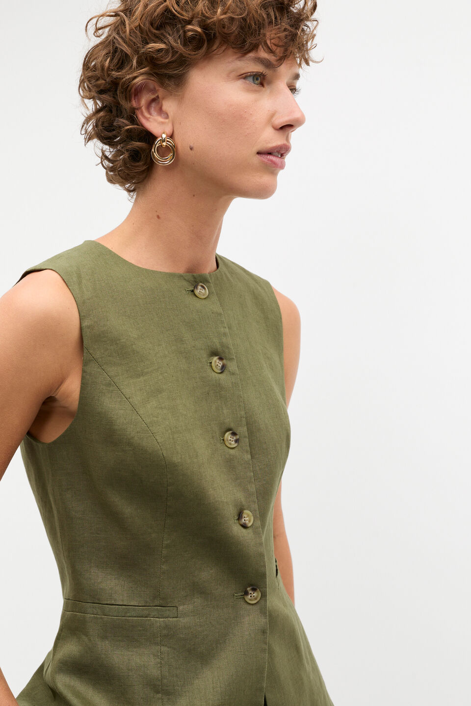 Linen Waisted Button Down Vest  Rainforest