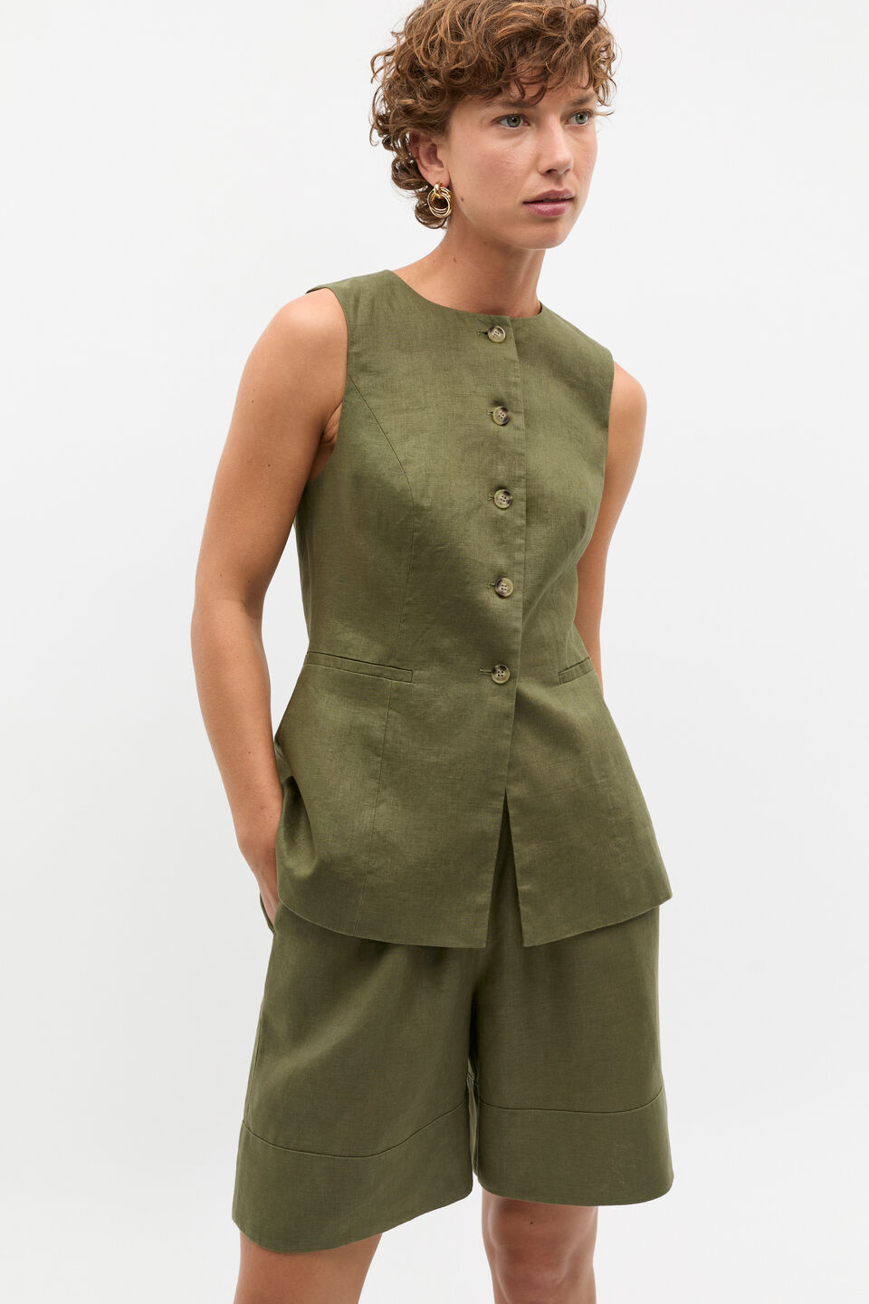 Linen Waisted Button Down Vest  Rainforest