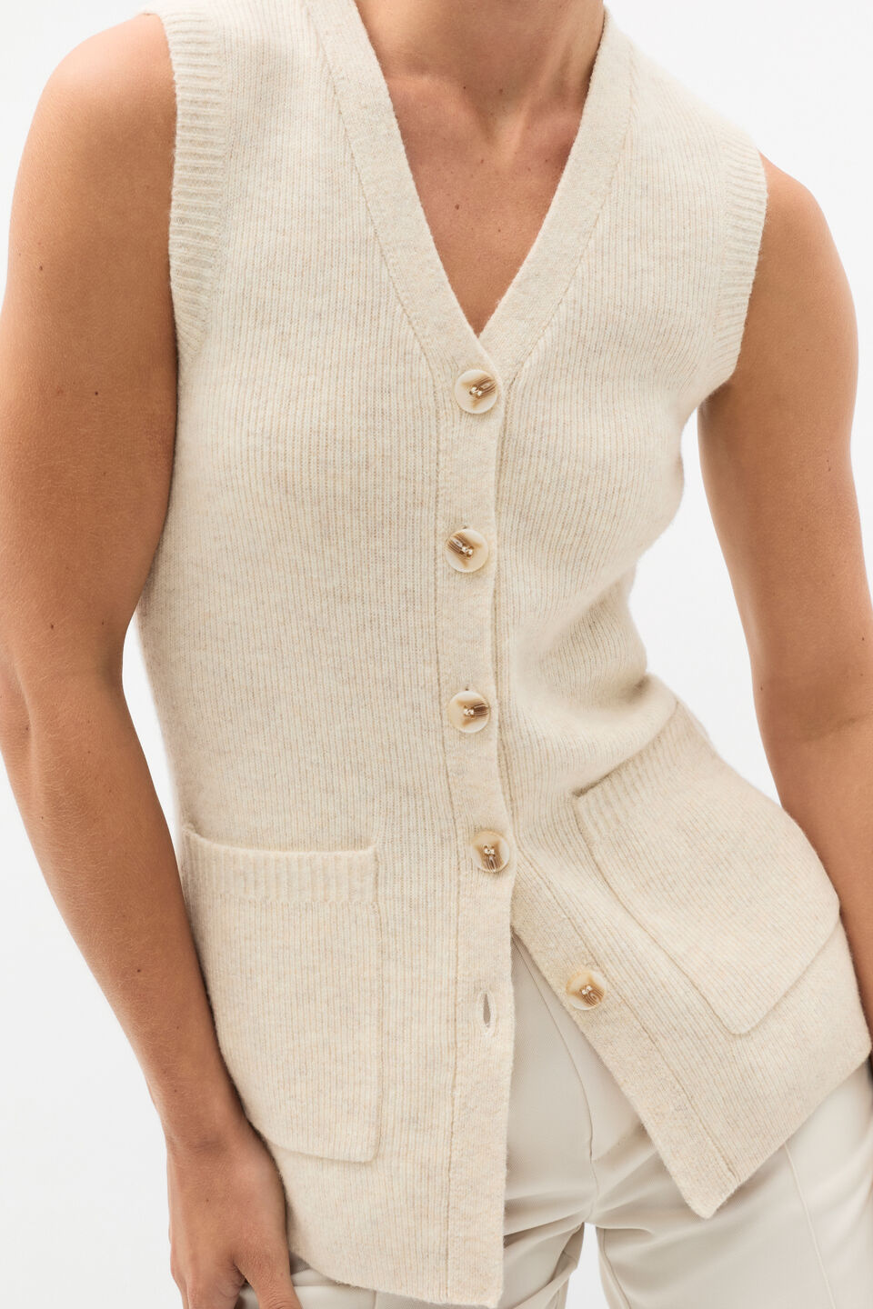 Merino Wool V Neck Button Vest  Oat Marle