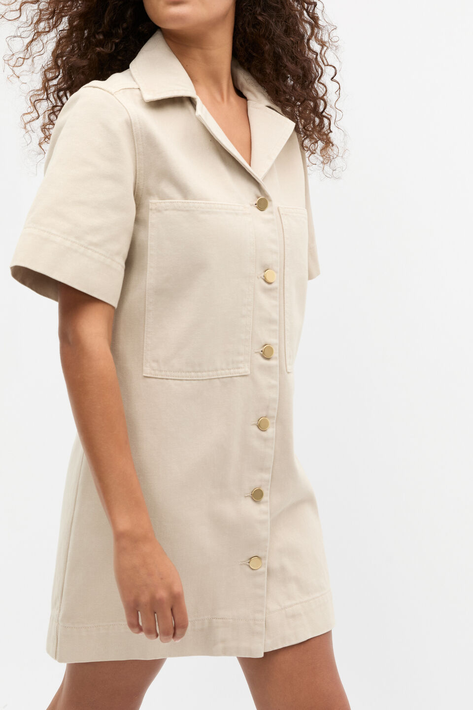 Denim Button Through Mini Dress  Oat