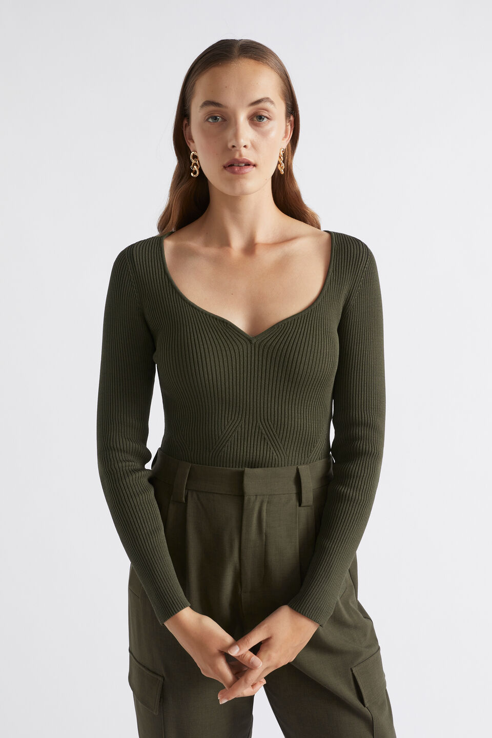 Sweetheart Fitted Rib Knit  Dark Fern