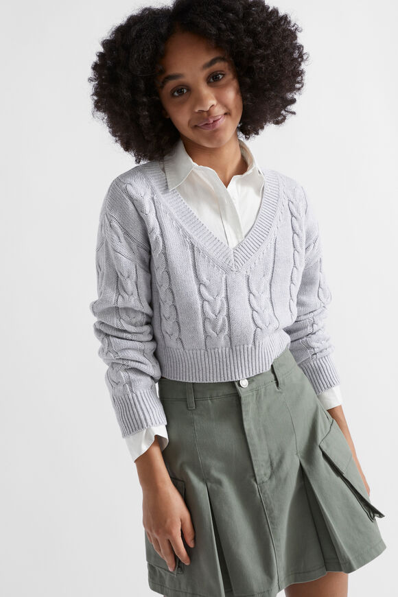 Crop V Cable Knit  Cloud Marle  hi-res