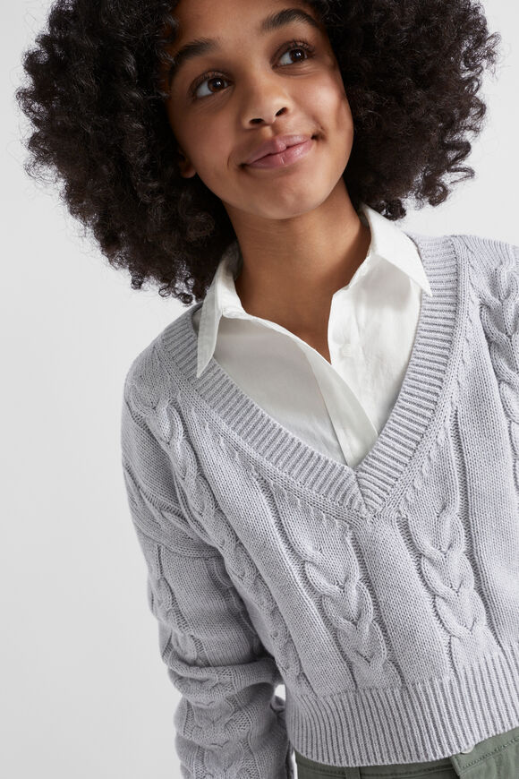 Crop V Cable Knit  Cloud Marle  hi-res