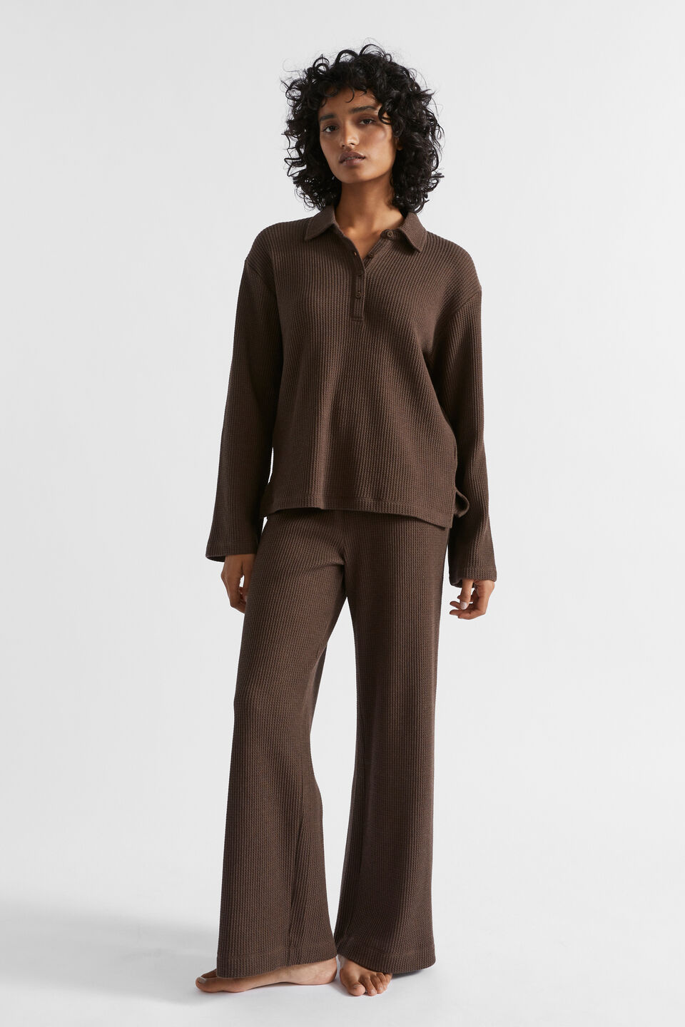 Waffle Long Sleeve and Pant PJ Set  Coffee Marle