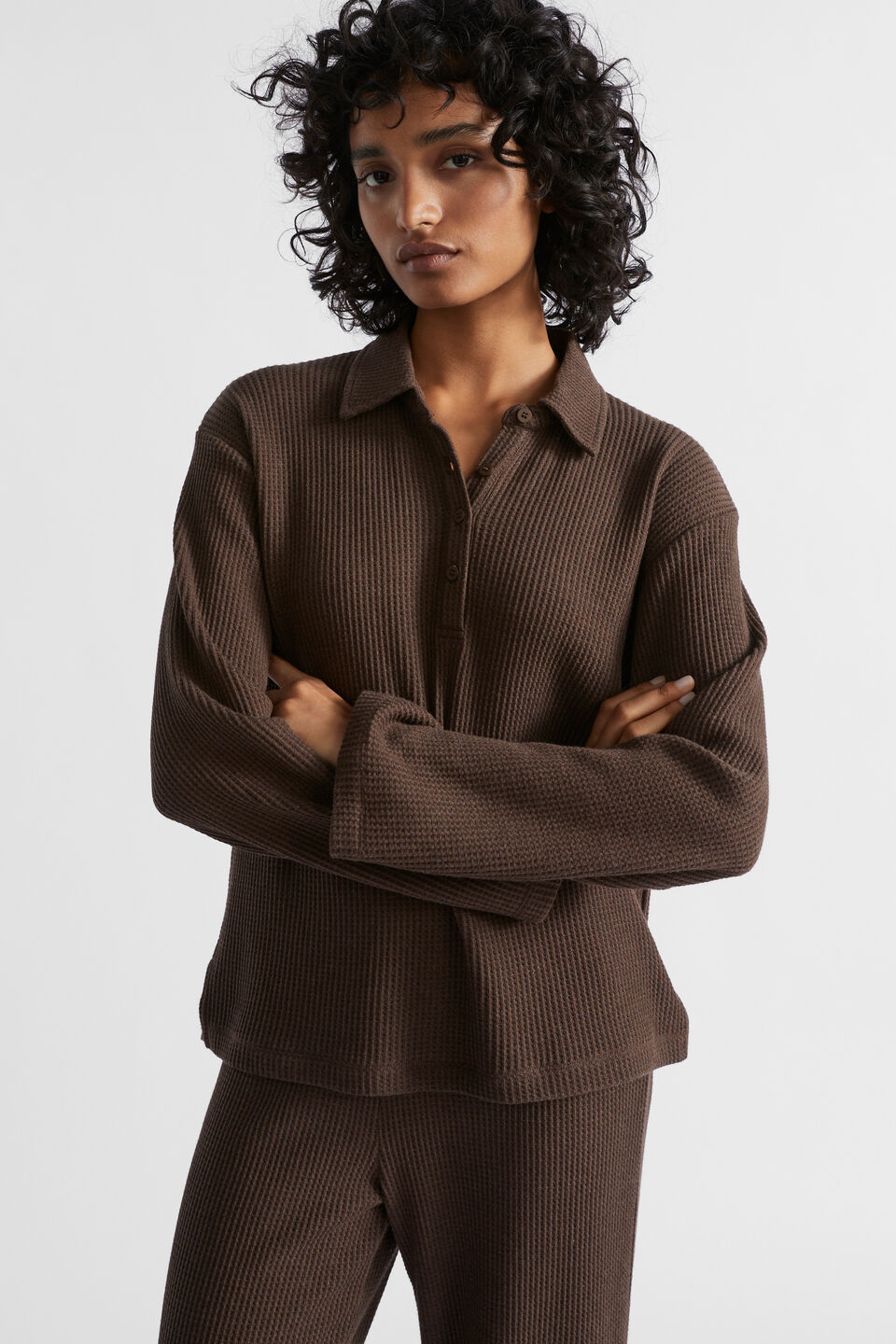 Waffle Long Sleeve and Pant PJ Set  Coffee Marle