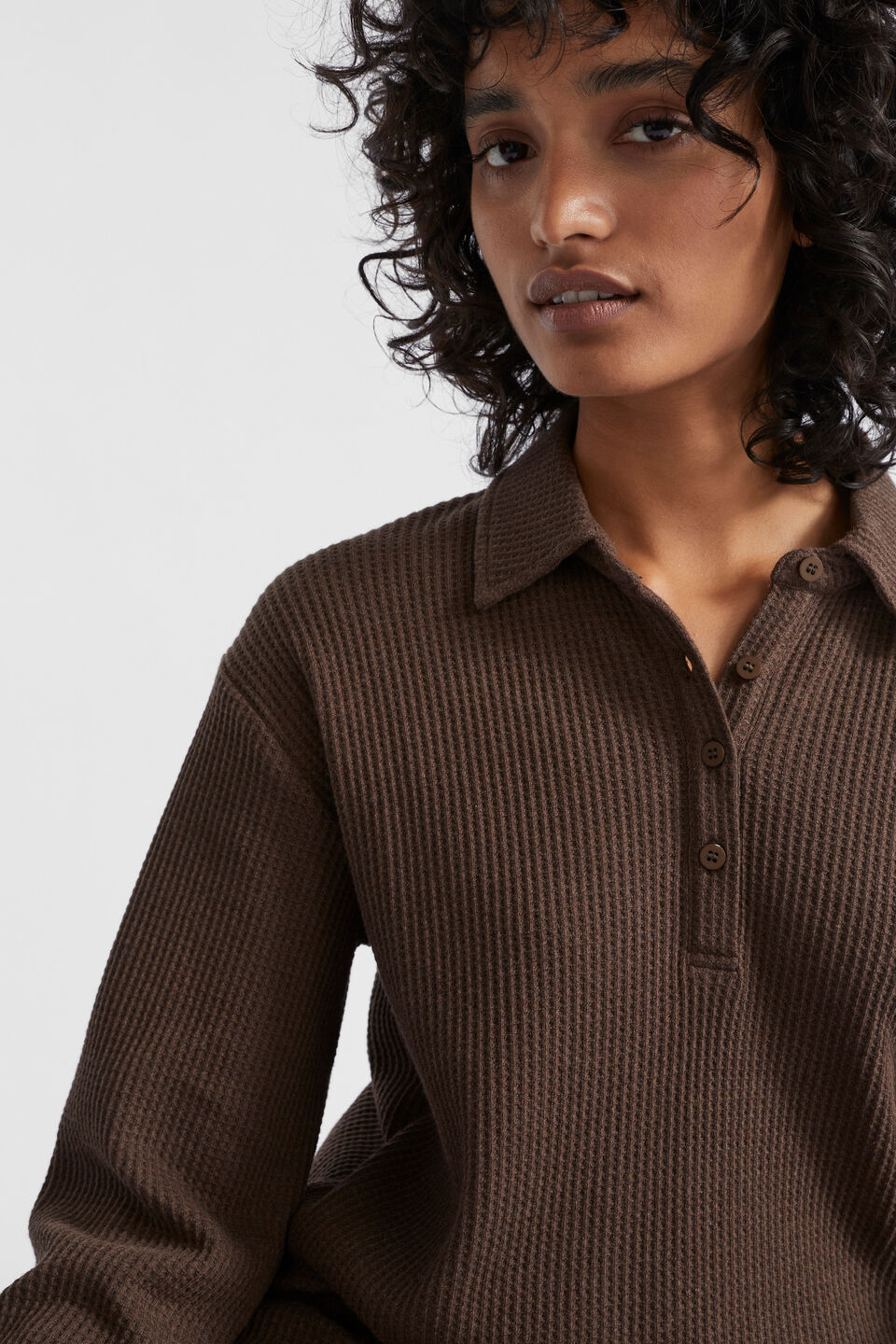 Waffle Long Sleeve and Pant PJ Set  Coffee Marle