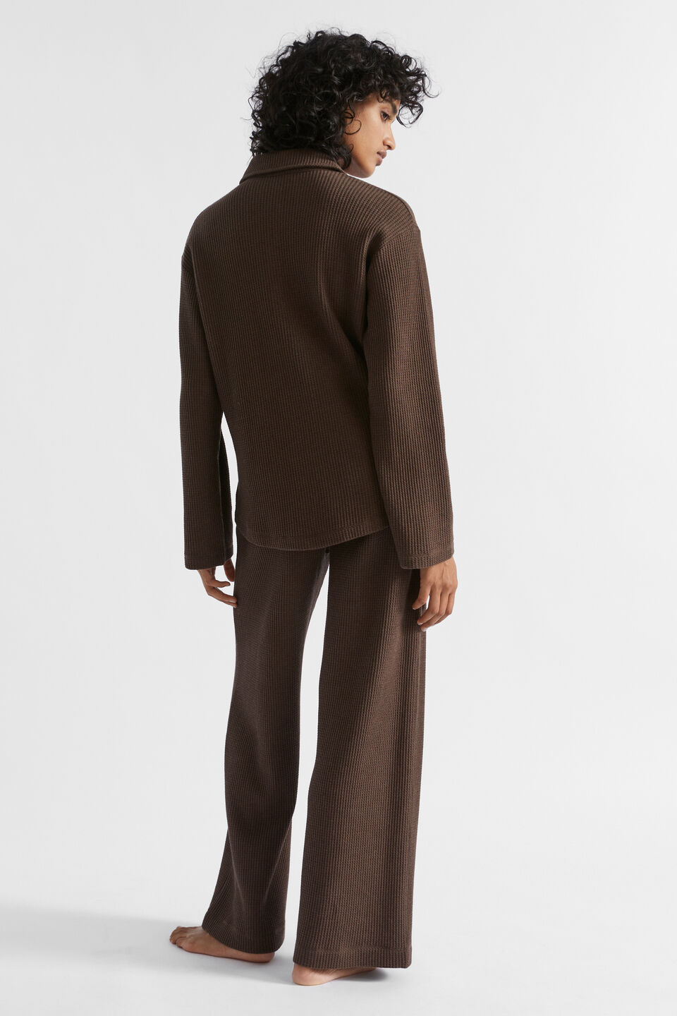 Waffle Long Sleeve and Pant PJ Set  Coffee Marle
