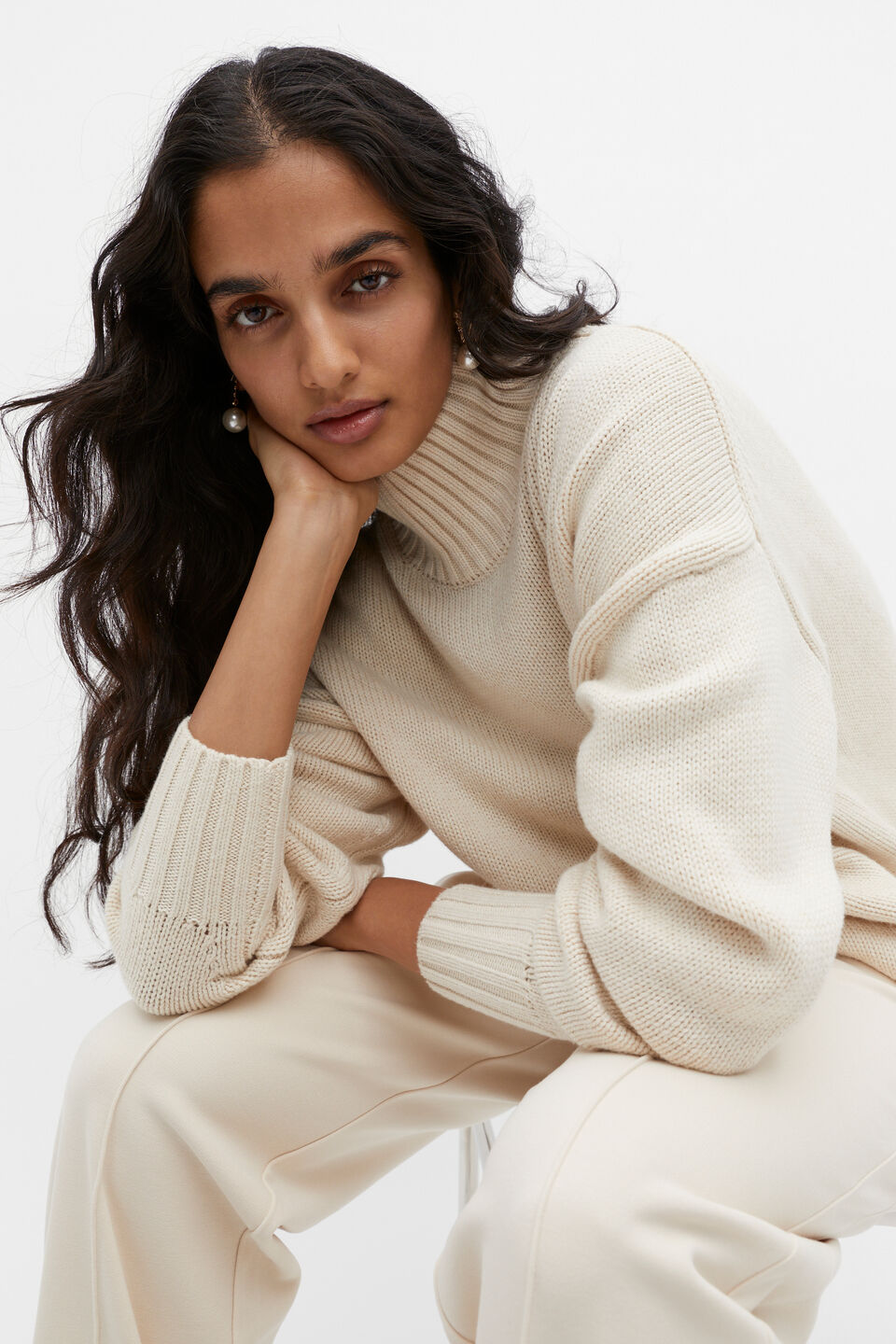 Mock Neck Oversized Knit  Vanilla Cream Marle