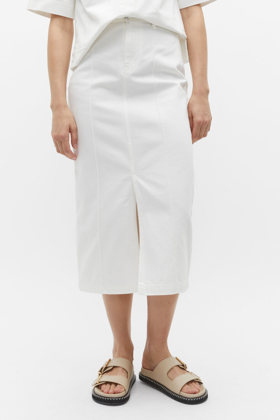Denim Midi Pintuck Skirt  Cloud Cream