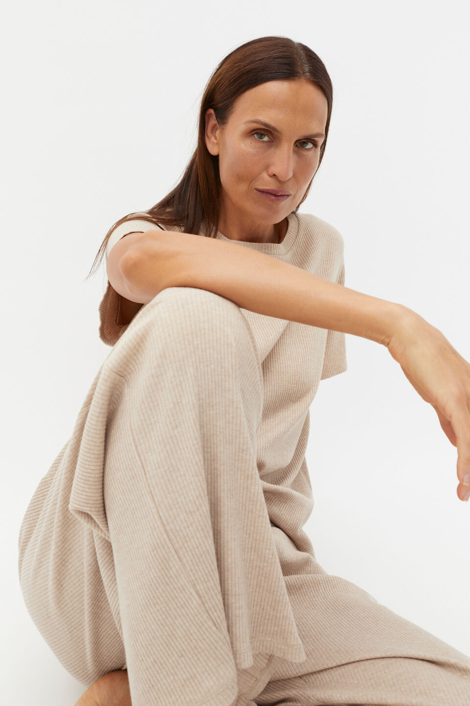 Ribbed Short Sleeve Tee And Pant PJ Set  Nougat Marle
