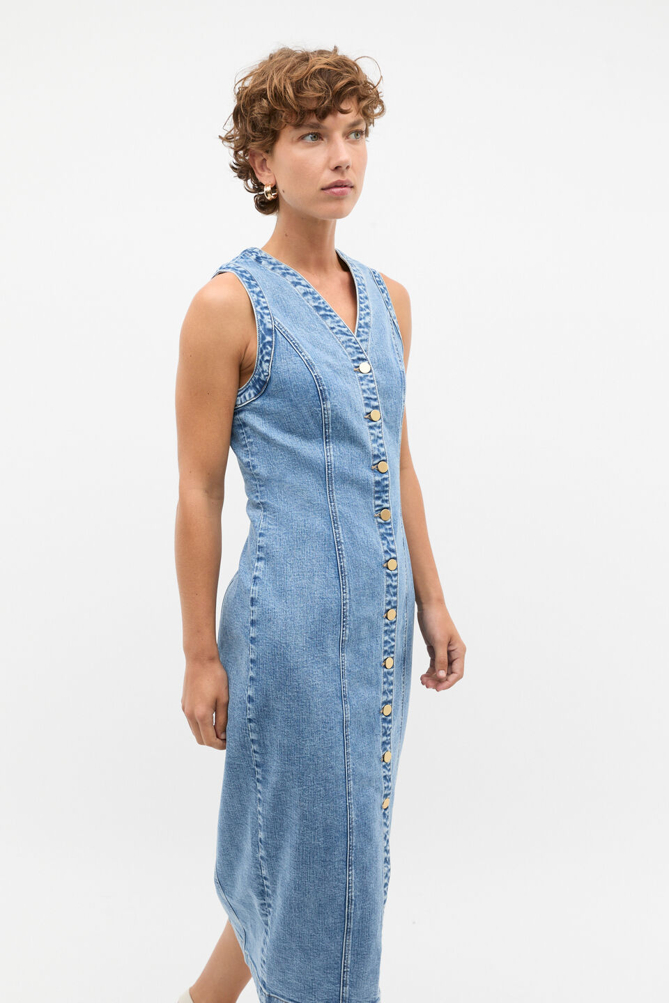 Denim Button Through Midi Dress  Mist Blue Wash