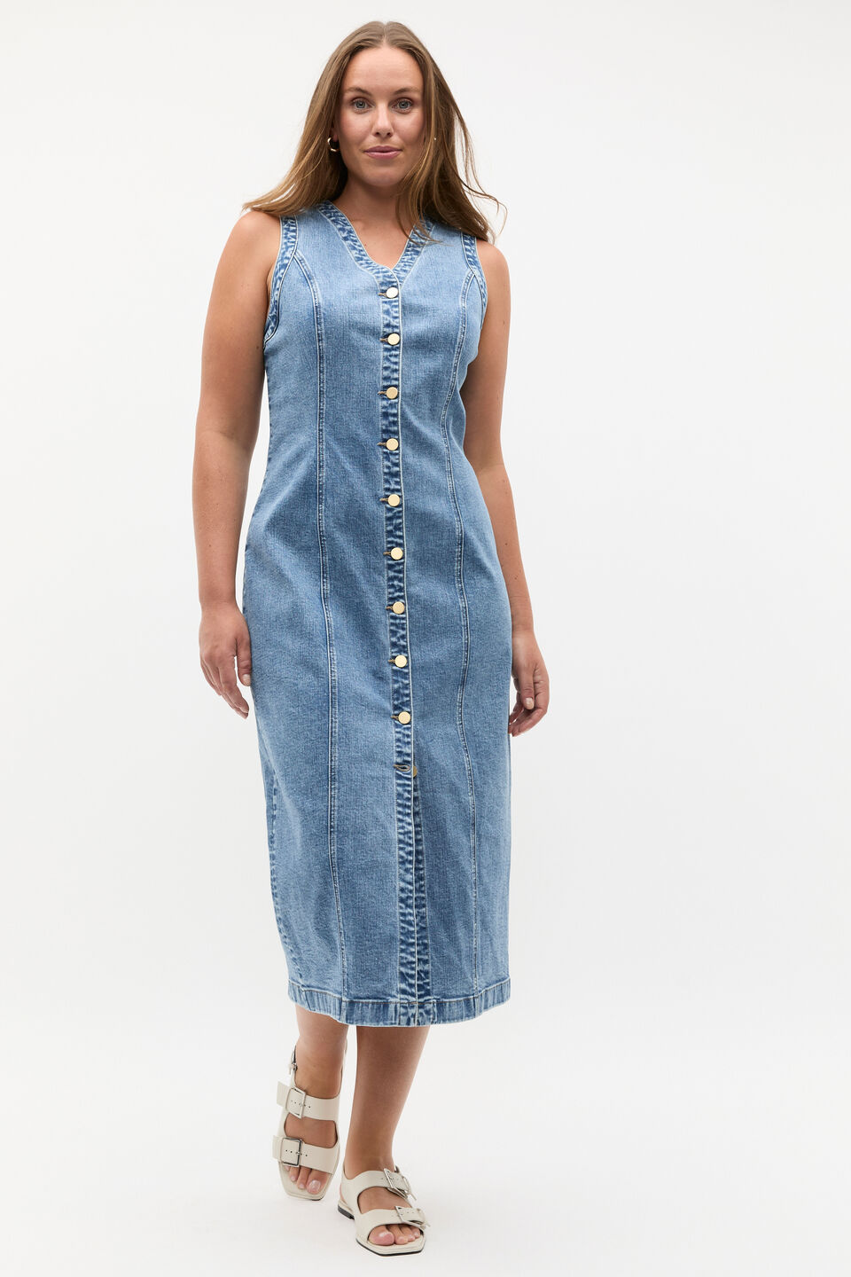 Denim Button Through Midi Dress  Mist Blue Wash