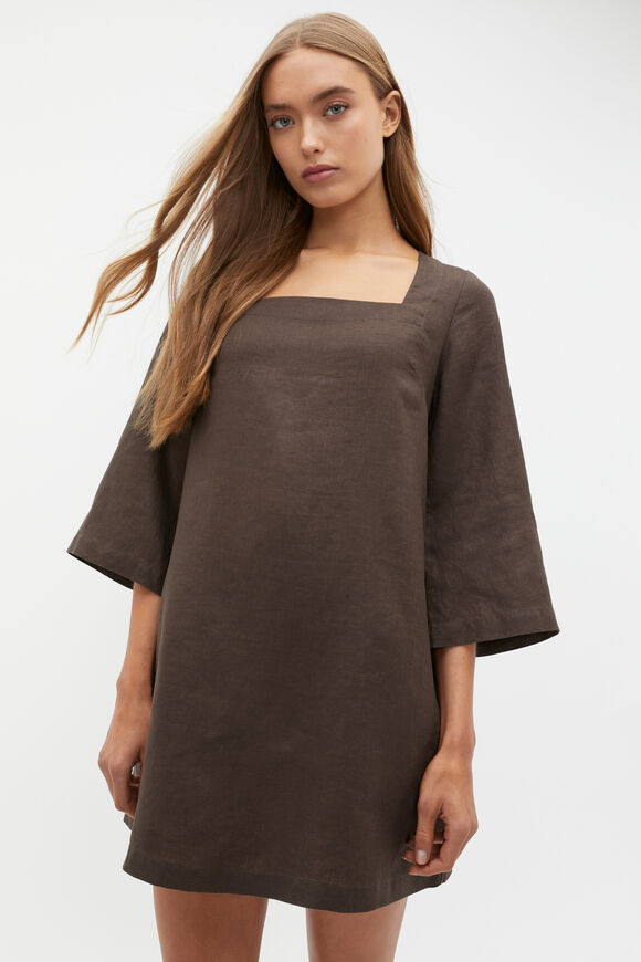 Linen Square Neck Mini Dress  Dark Espresso  hi-res