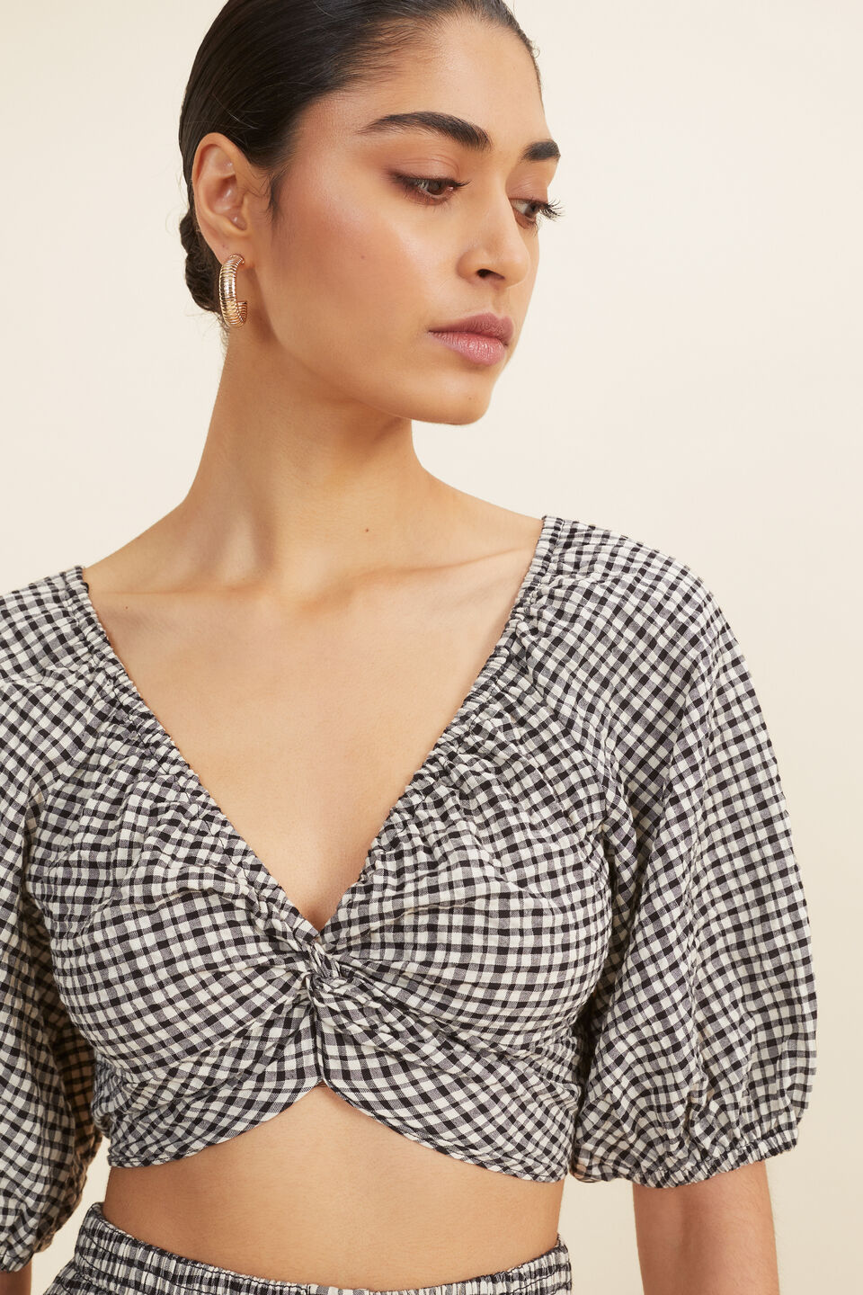 Gingham Twist Front Crop Top  Neutral Gingham