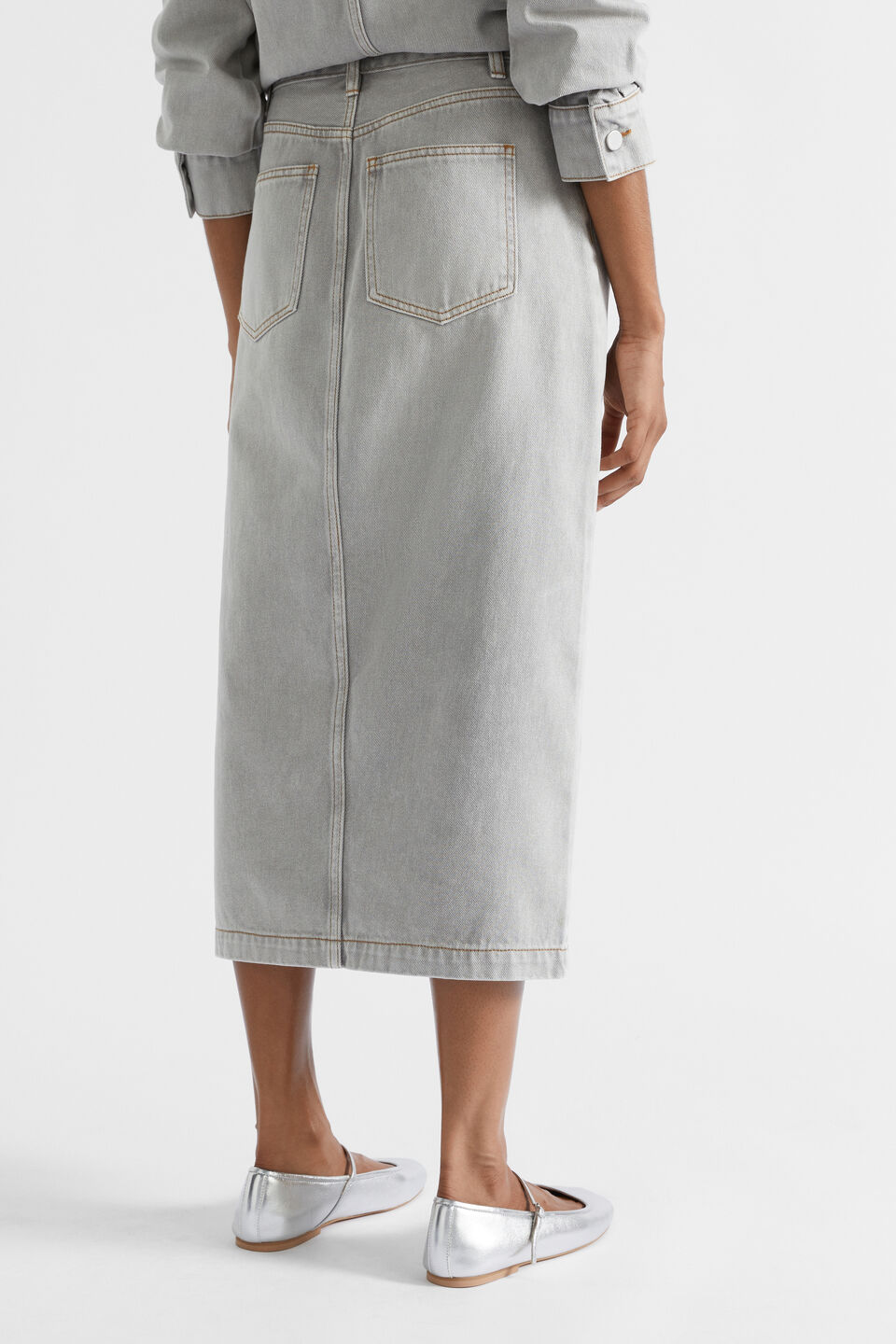 Denim Midi Split Front Skirt  Silver Wash