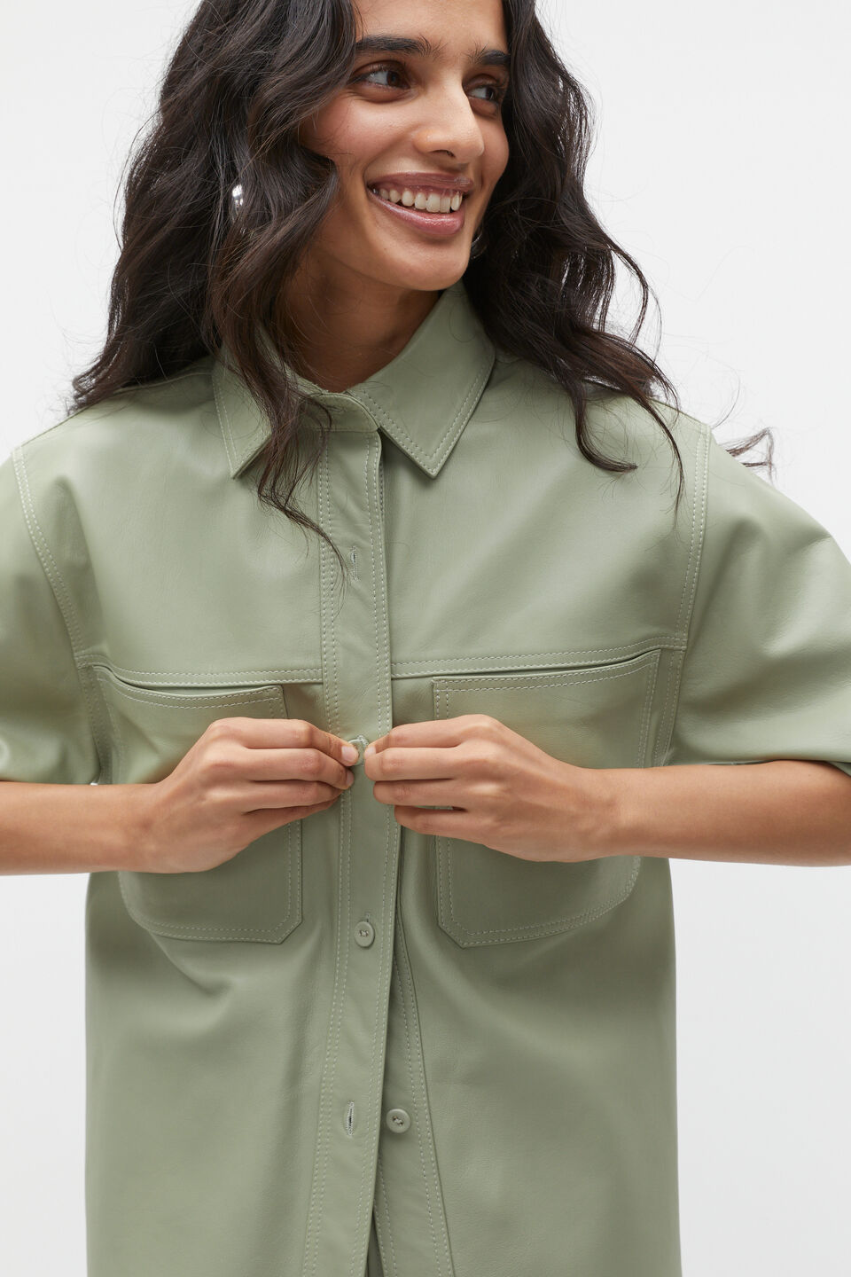 Leather Short Sleeve Shirt  Pale Olive