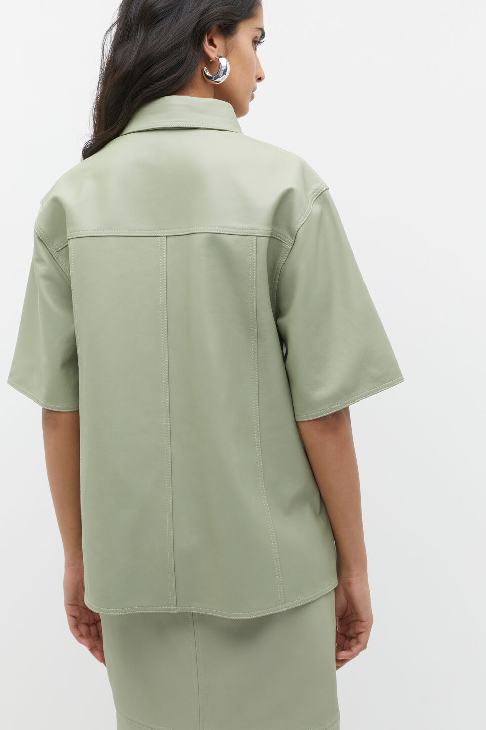 Leather Short Sleeve Shirt  Pale Olive