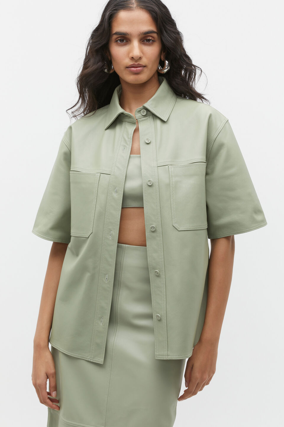 Leather Short Sleeve Shirt  Pale Olive