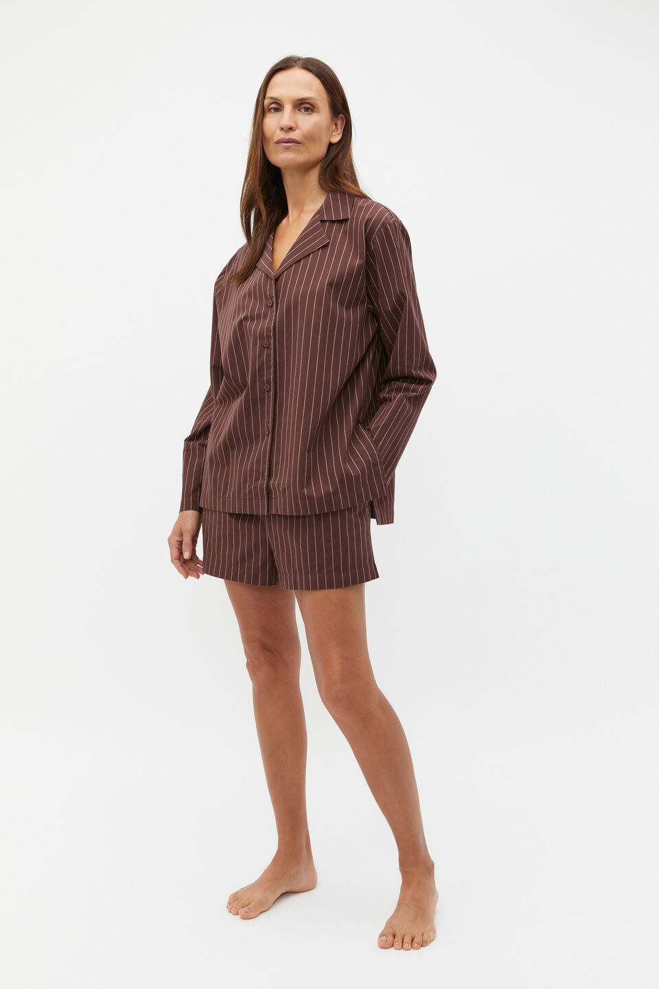 Stripe Long Sleeve Shirt And Short PJ Set  Claret Stripe