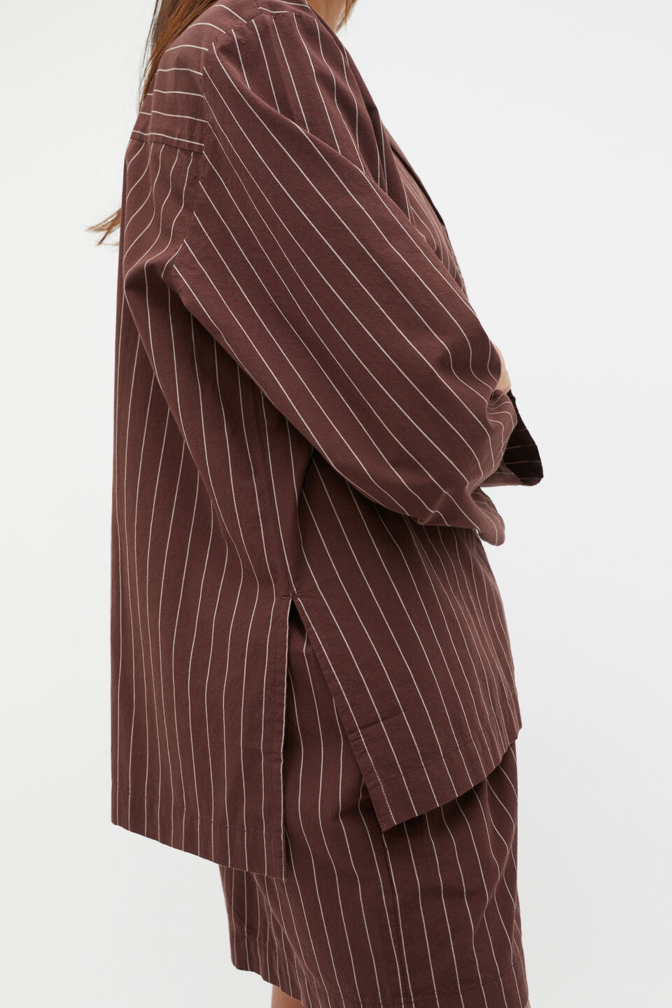 Stripe Long Sleeve Shirt And Short PJ Set  Claret Stripe