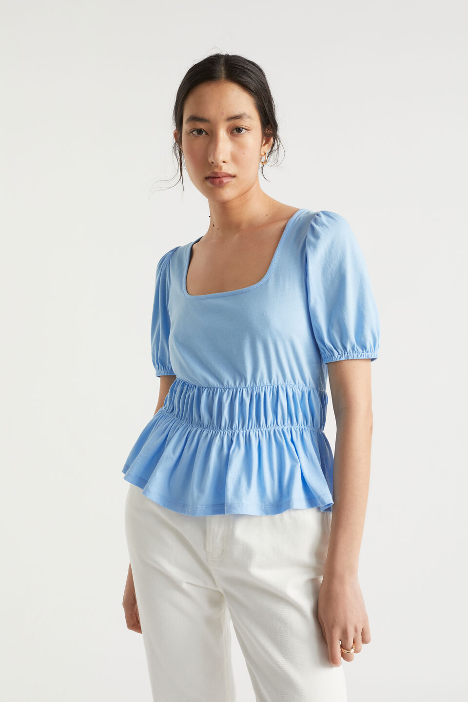 Square Neck Ruched Tee  Bluebell