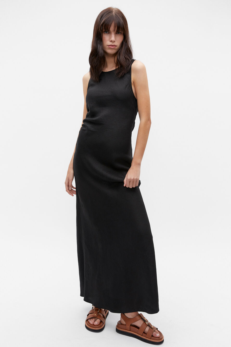 Linen Ruched Side Maxi Dress  Black