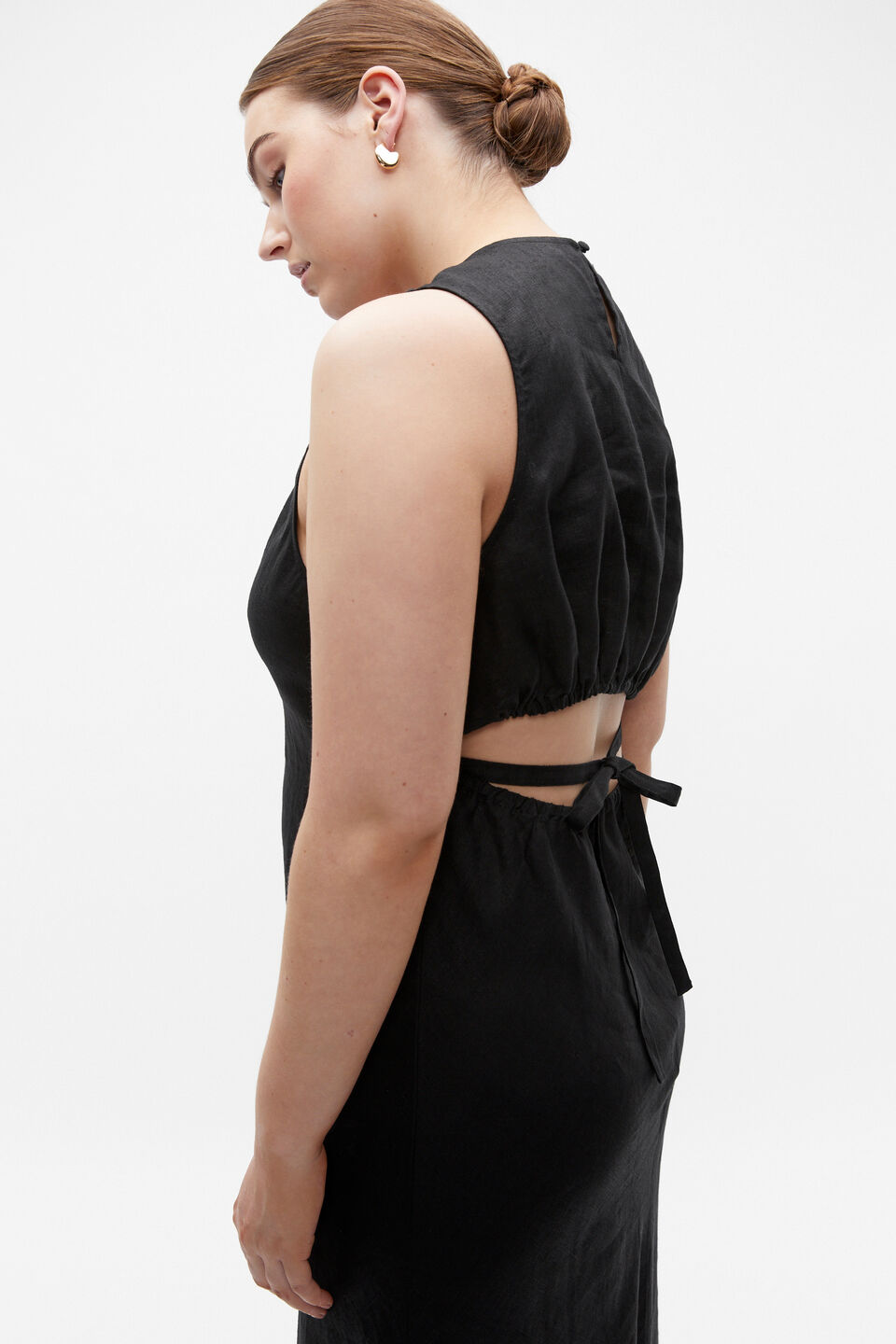 Linen Ruched Side Maxi Dress  Black