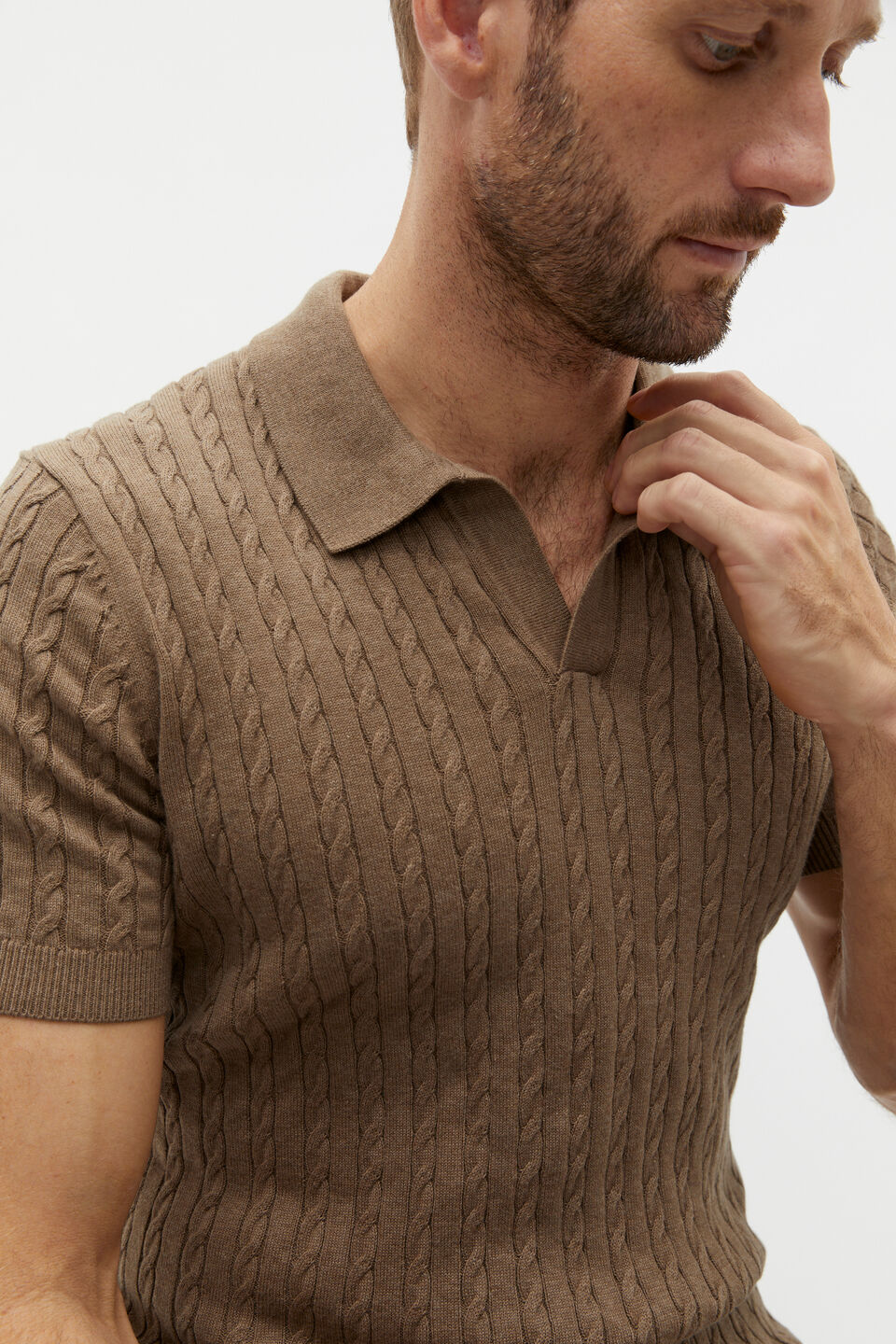 Cable Knit Trophy Polo  Dark Nougat Marle