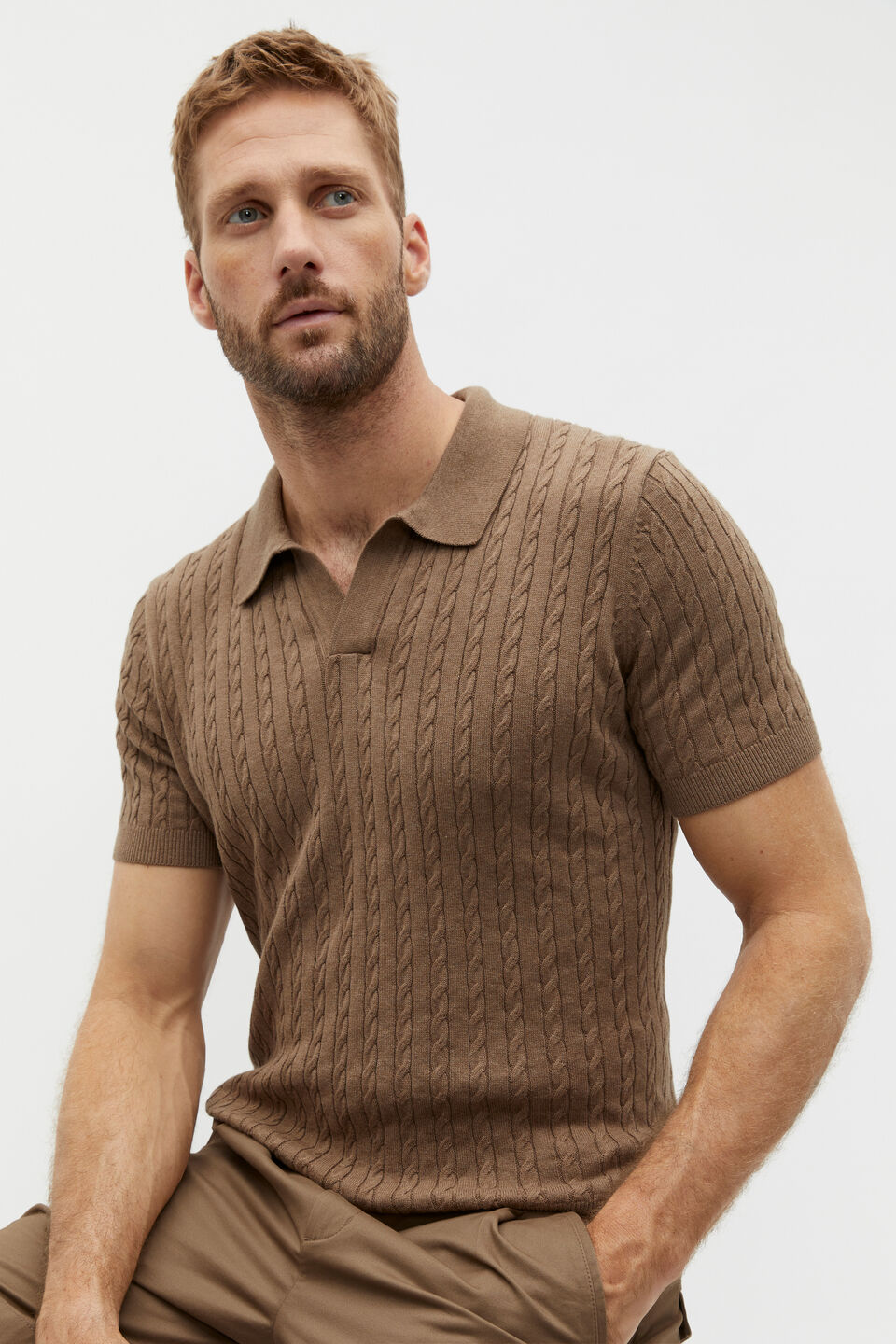 Cable Knit Trophy Polo  Dark Nougat Marle