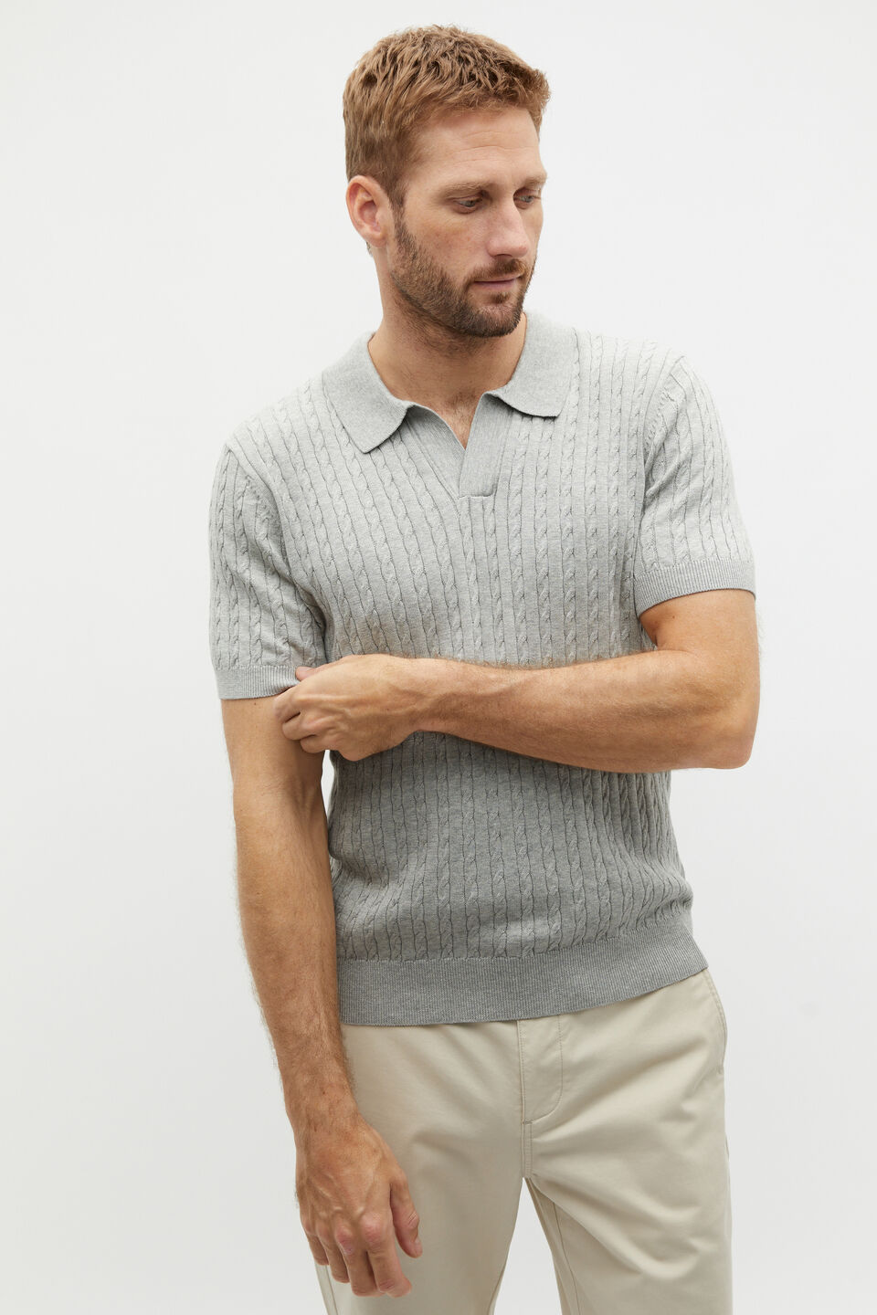 Cable Knit Trophy Polo  Silver Marle