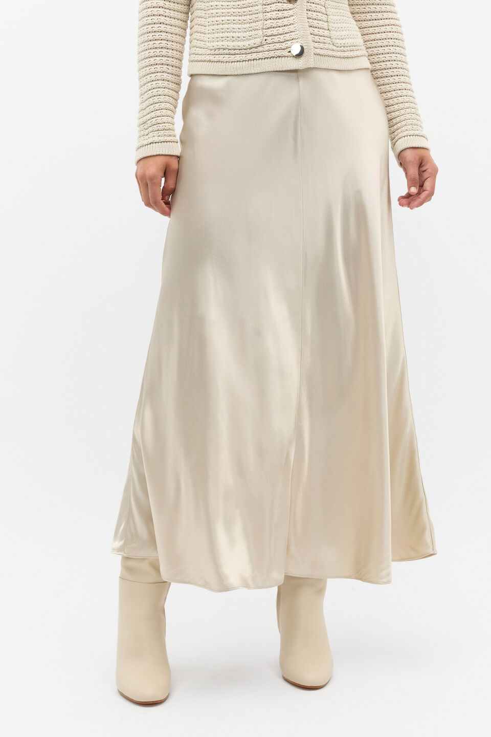 Satin Midi Swing Skirt  Oat
