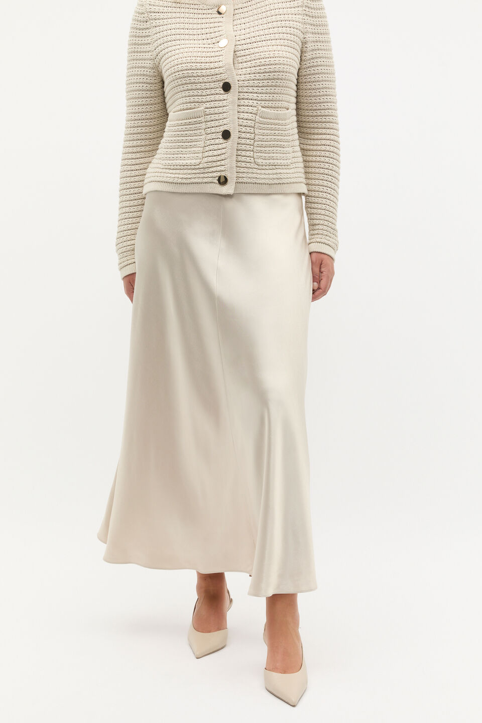 Satin Midi Swing Skirt  Oat