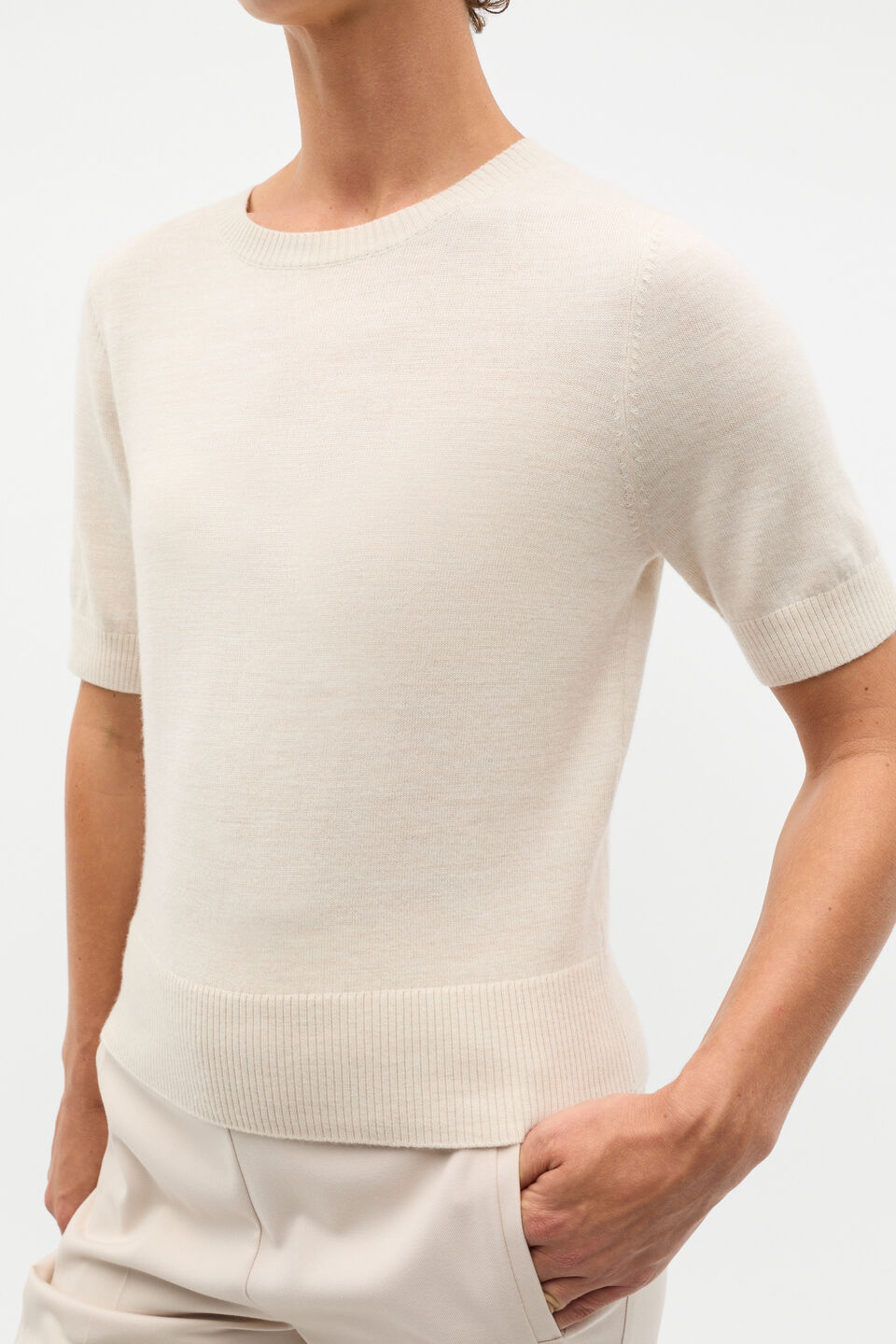 Merino Wool Crew Neck Tee  Oat Marle