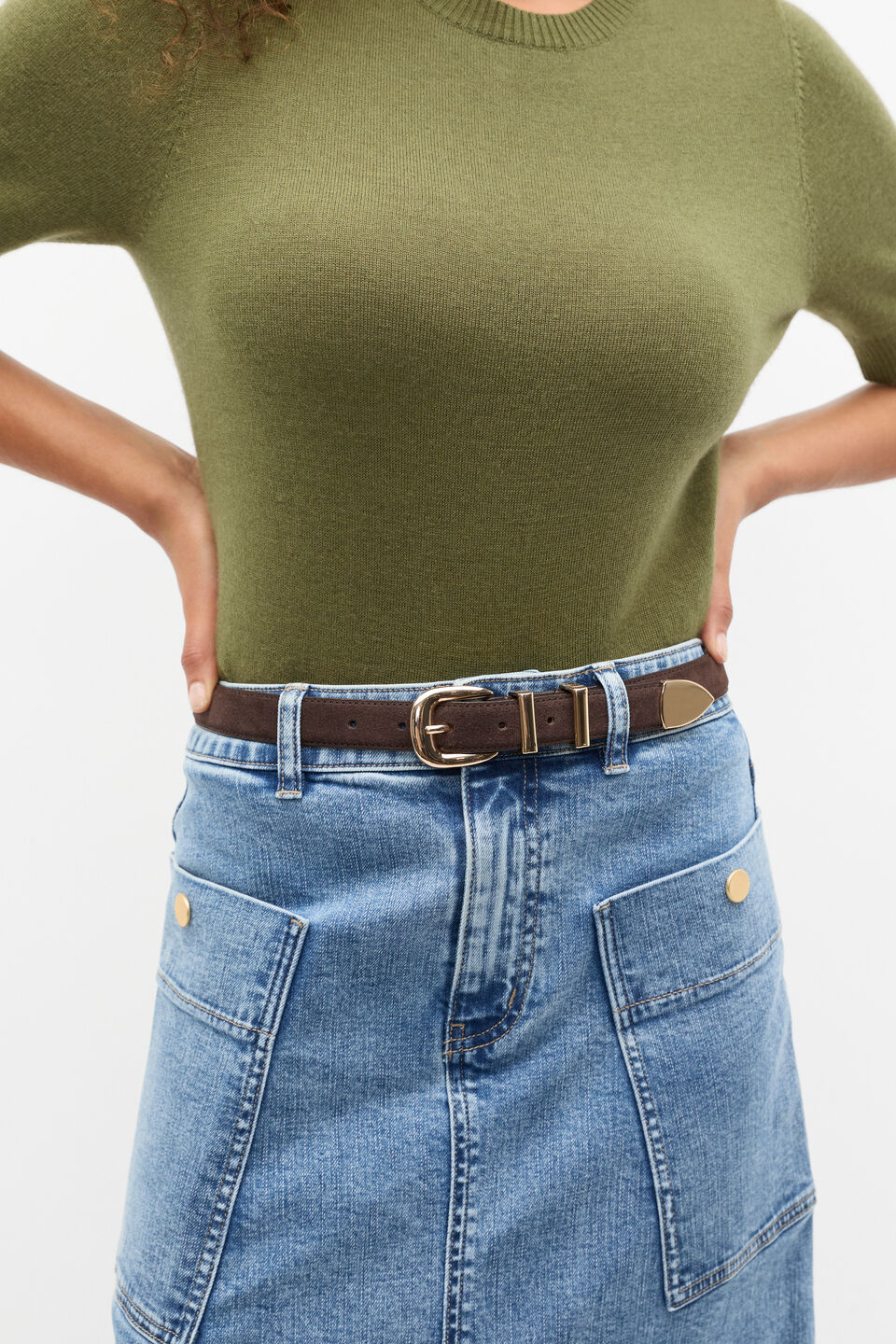 Hallie Suede Metal Keeper Belt  Dark Espresso Suede