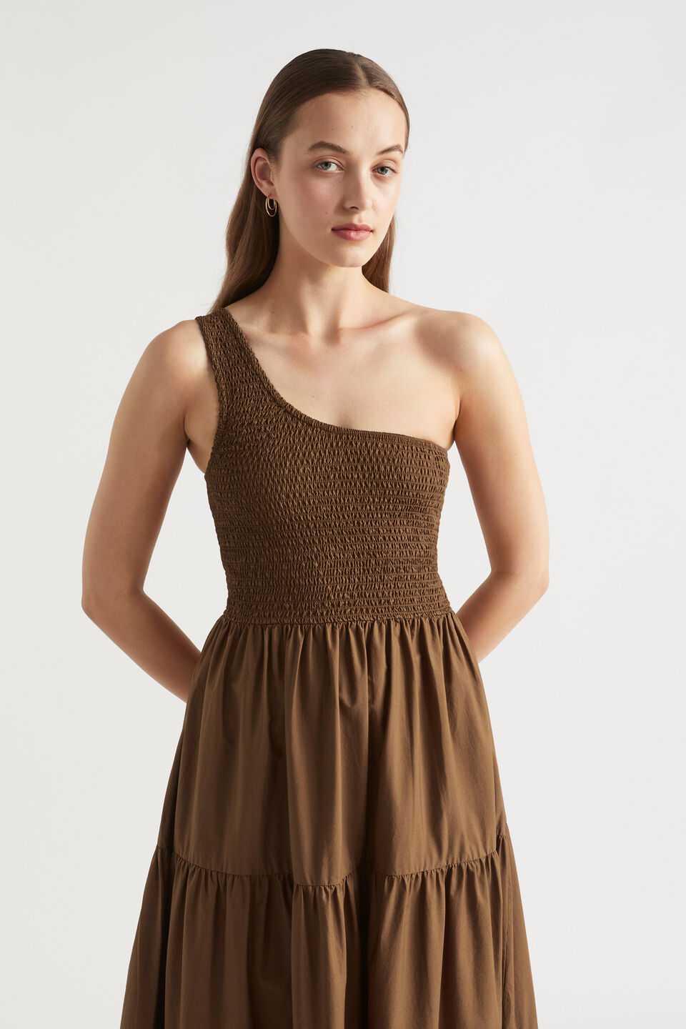 Poplin Shirred One Shoulder Maxi Dress  Pecan Brown