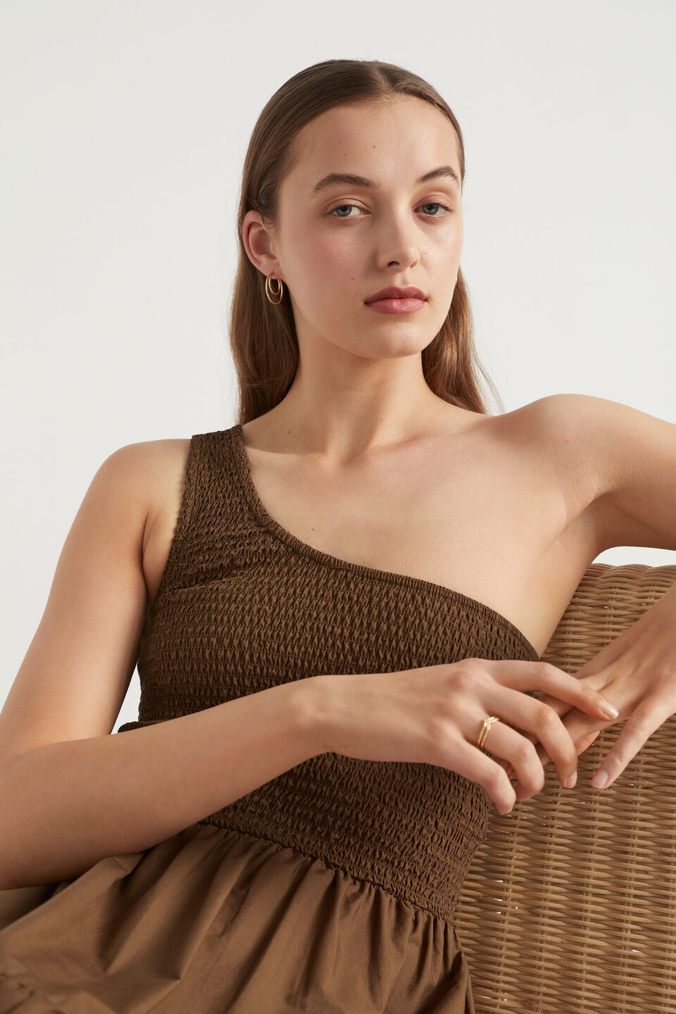 Poplin Shirred One Shoulder Maxi Dress  Pecan Brown