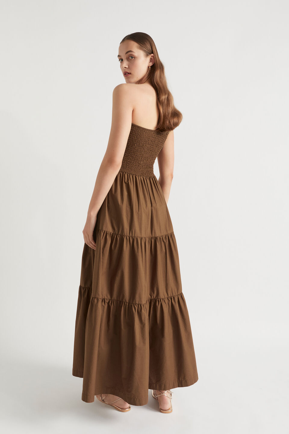 Poplin Shirred One Shoulder Maxi Dress  Pecan Brown