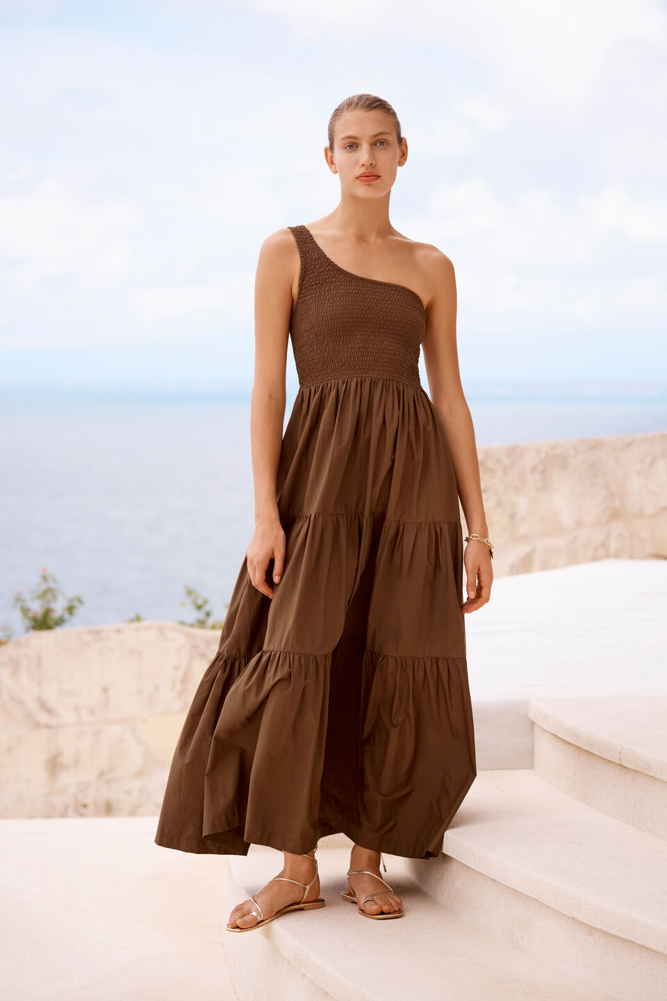 Poplin Shirred One Shoulder Maxi Dress  Pecan Brown