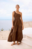 Poplin Shirred One Shoulder Maxi Dress  Pecan Brown  hi-res