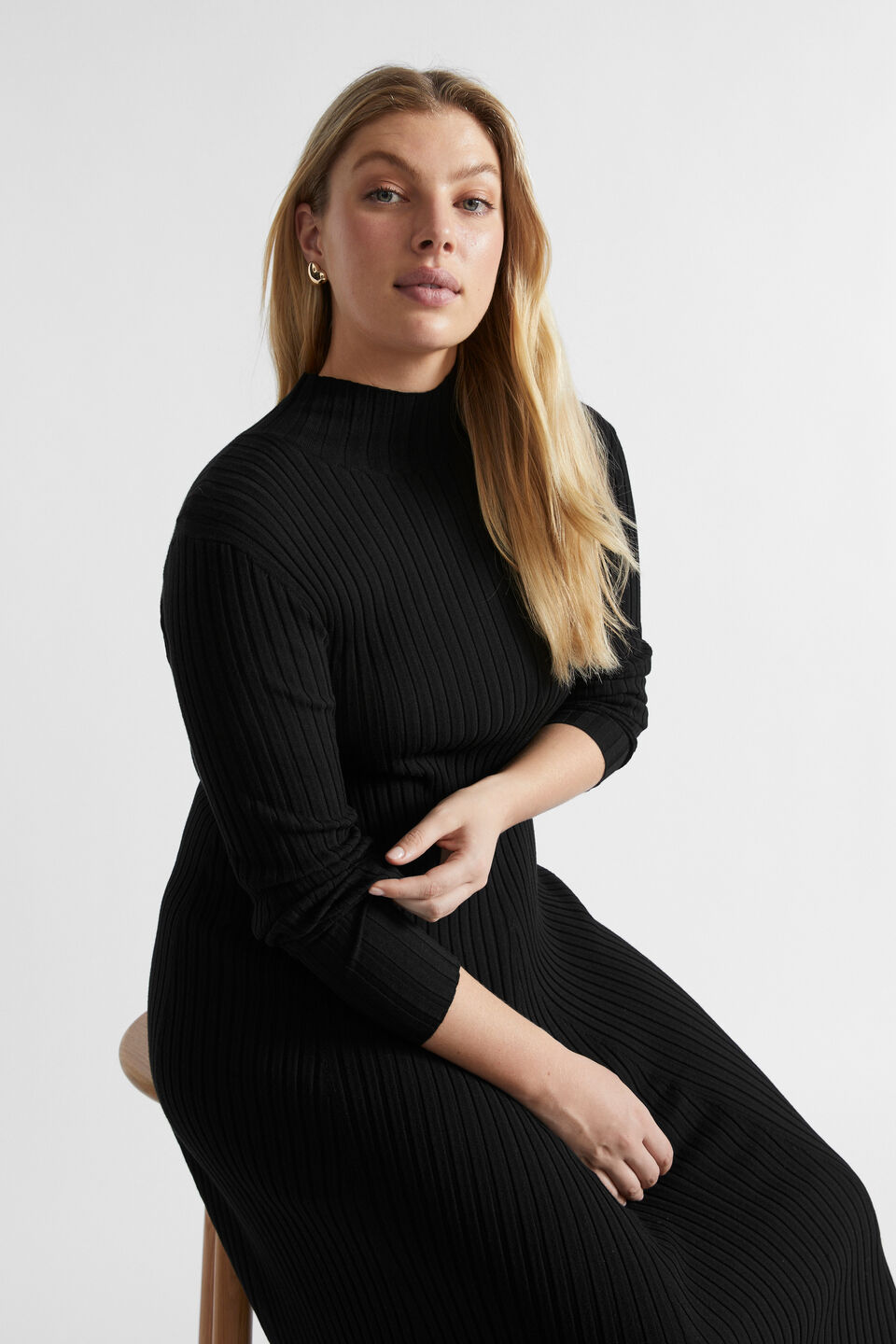 Rib Knit High Neck Dress  Black