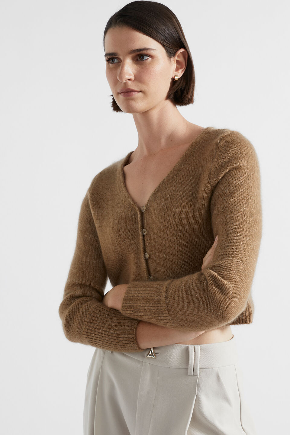 Fitted Crop Cardigan  Deep Chai Marle